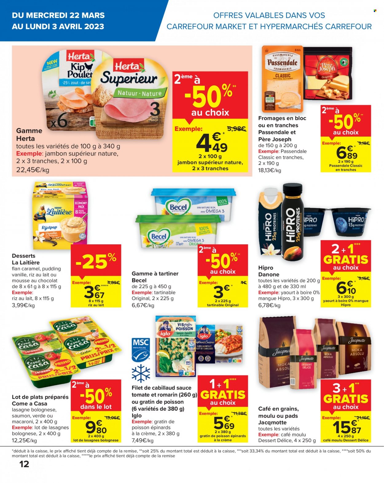 thumbnail - Carrefour-aanbieding - 22/03/2023 - 03/04/2023 -  producten in de aanbieding - lasagne, Danone, crème, Iglo, macaroni. Pagina 12.