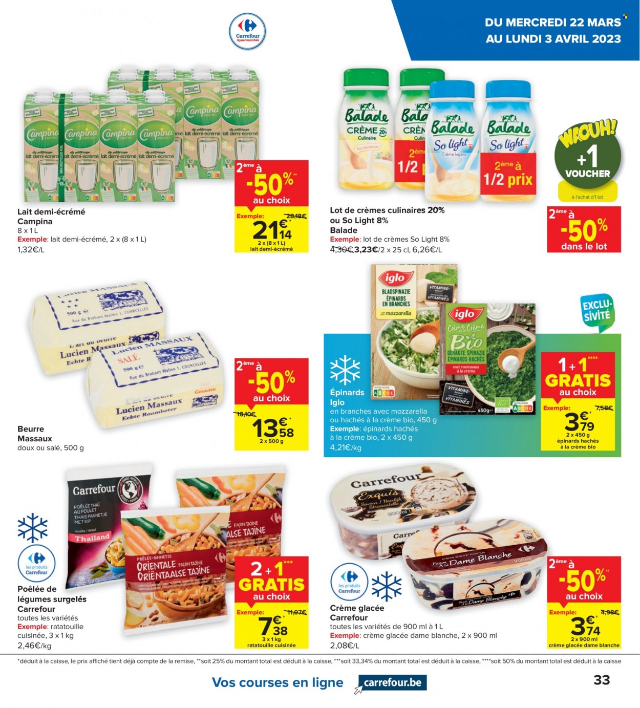 thumbnail - Carrefour hypermarkt-aanbieding - 21/03/2023 - 03/04/2023 -  producten in de aanbieding - mozzarella, crème, Campina, Iglo. Pagina 13.
