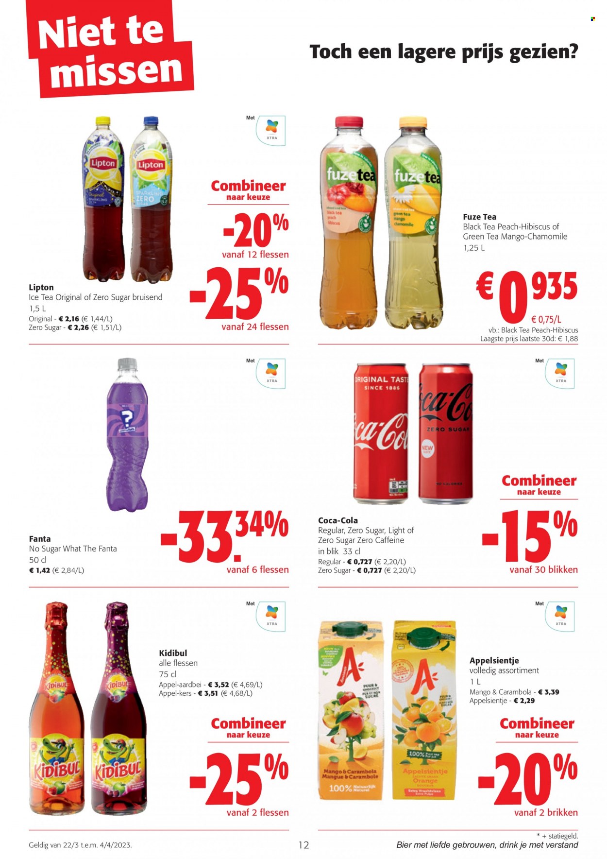 thumbnail - Catalogue Colruyt - 22/03/2023 - 04/04/2023 - Produits soldés - Coca-Cola, Fuze Tea, Lipton, Fanta, thé glacé. Page 12.