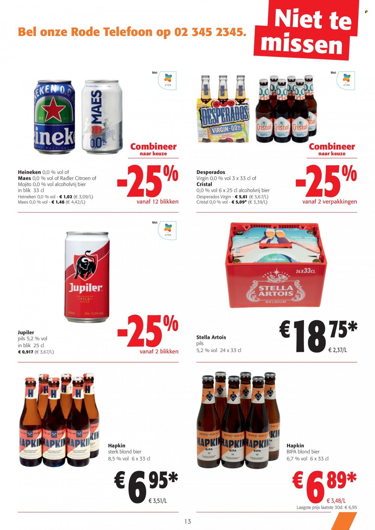 thumbnail - Colruyt-aanbieding - 22/03/2023 - 04/04/2023 -  producten in de aanbieding - Stella Artois, Heineken, Jupiler, bier, Radler, Desperados. Pagina 13.