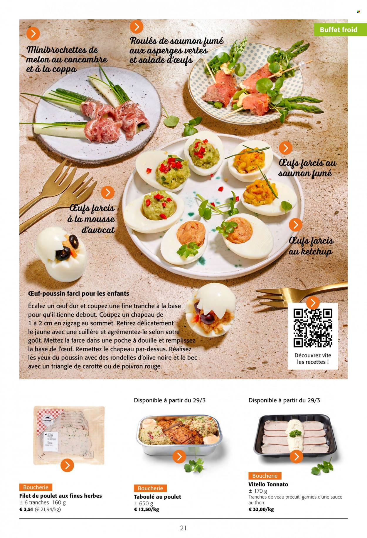 thumbnail - Catalogue Colruyt - 22/03/2023 - 04/04/2023 - Produits soldés - poivrons, filet de poulet, viande de poulet, viande de veau, farci au saumon, plat cuisiné, coppa, ketchup. Page 21.