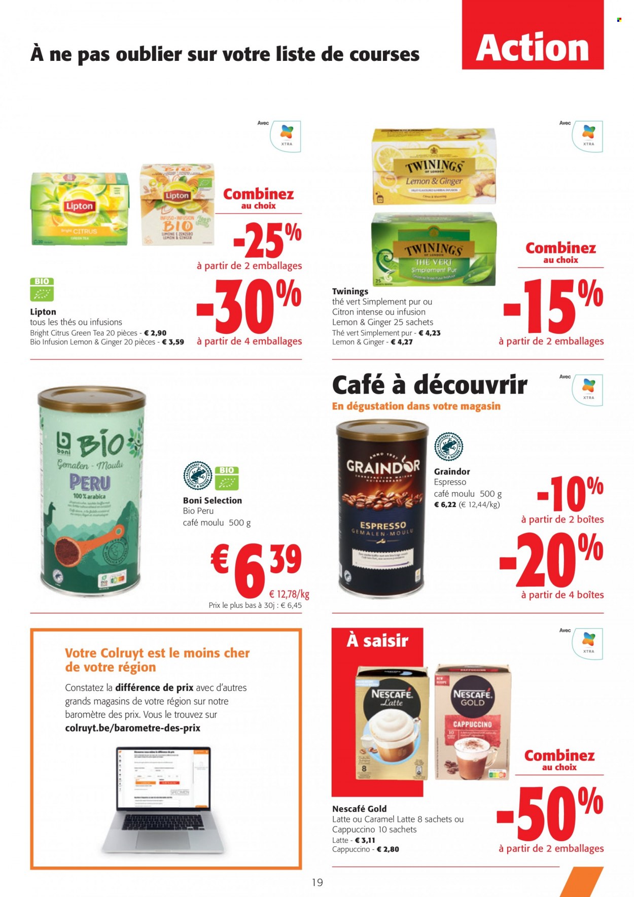 thumbnail - Catalogue Colruyt - 22/03/2023 - 04/04/2023 - Produits soldés - Boni, Lipton, thé, thé vert, café, café moulu, Nescafé. Page 19.
