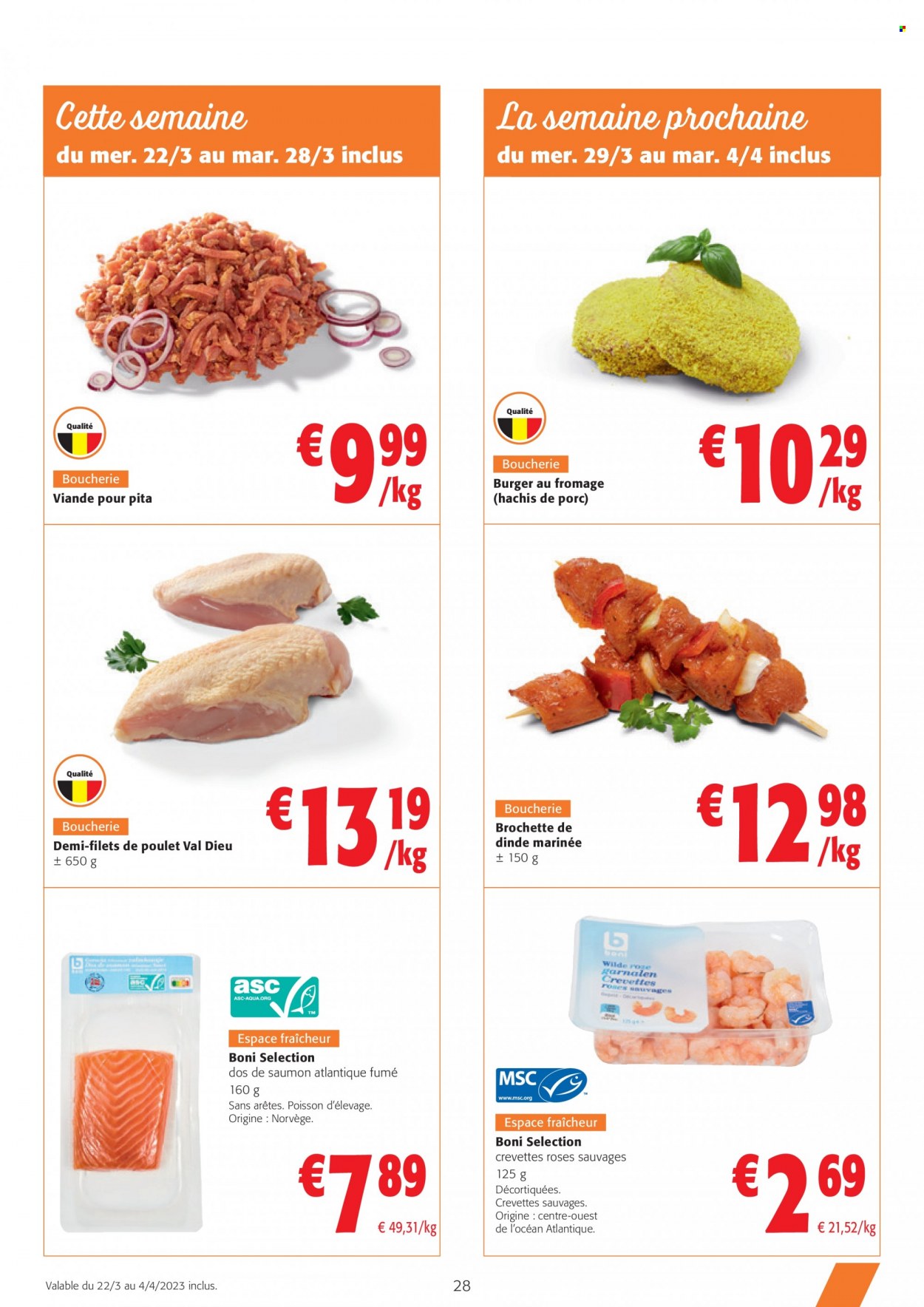 thumbnail - Catalogue Colruyt - 22/03/2023 - 04/04/2023 - Produits soldés - viande, filet de poulet, viande de poulet, crevettes, Boni, poisson. Page 28.