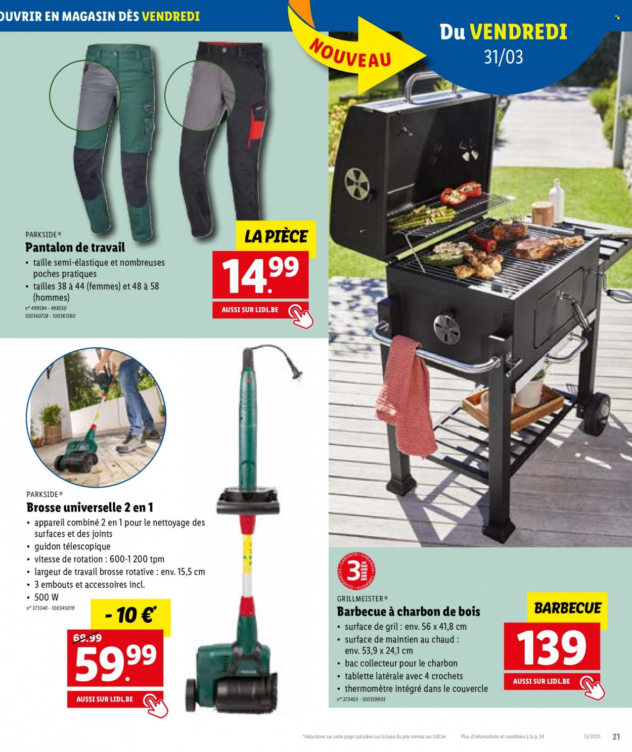 thumbnail - Catalogue Lidl - 29/03/2023 - 04/04/2023 - Produits soldés - brosse, pantalon, Parkside, pantalon de travail, barbecue. Page 21.