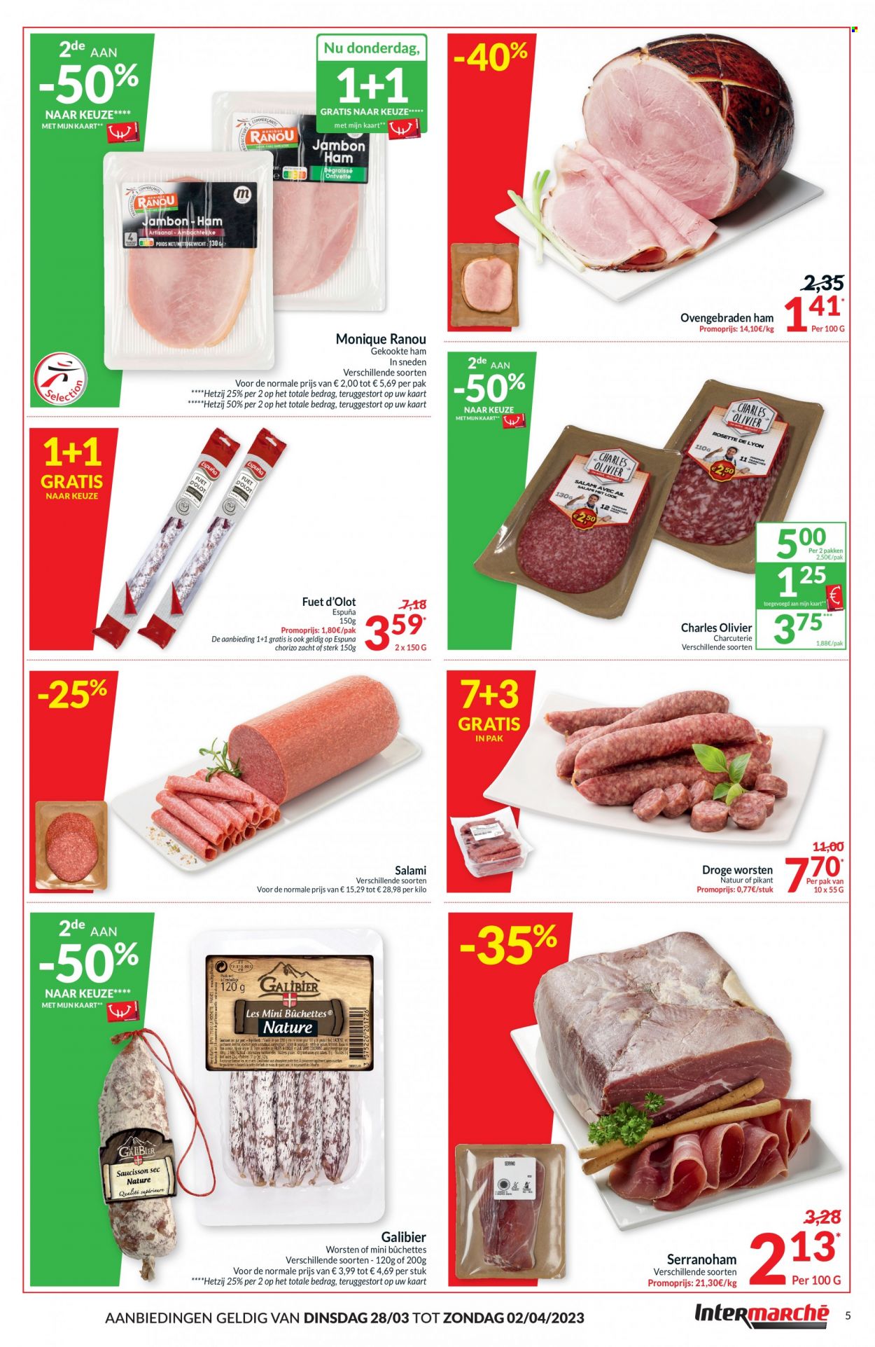 thumbnail - Intermarché-aanbieding - 28/03/2023 - 02/04/2023 -  producten in de aanbieding - ham, salami, serranoham, chorizo. Pagina 5.