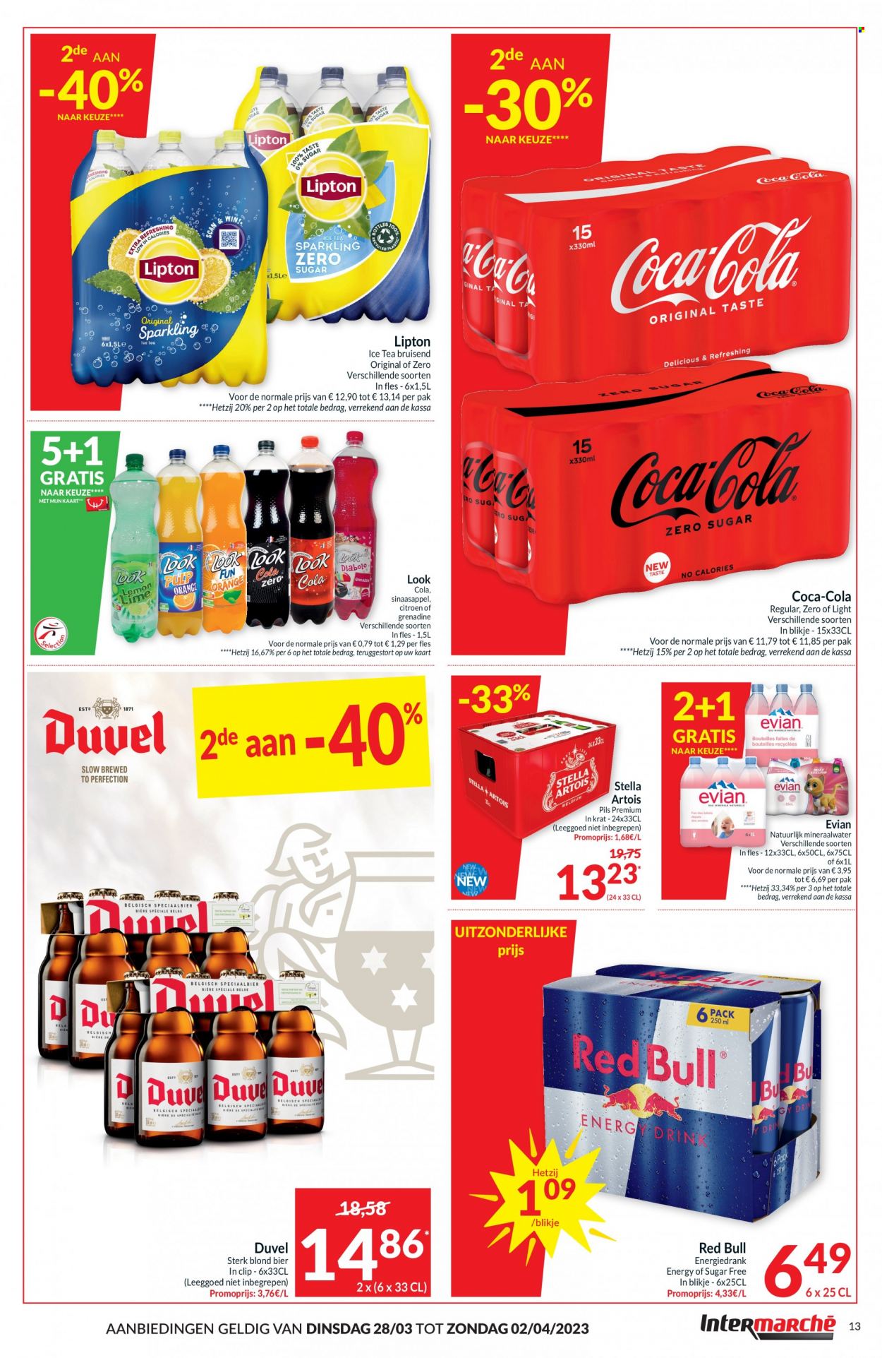 thumbnail - Intermarché-aanbieding - 28/03/2023 - 02/04/2023 -  producten in de aanbieding - Stella Artois, Duvel, bier, sinaasappels, Red Bull, Coca-Cola, Lipton, mineraalwater, Evian, ice tea, Lipton Ice Tea, thee, Grenadine. Pagina 13.