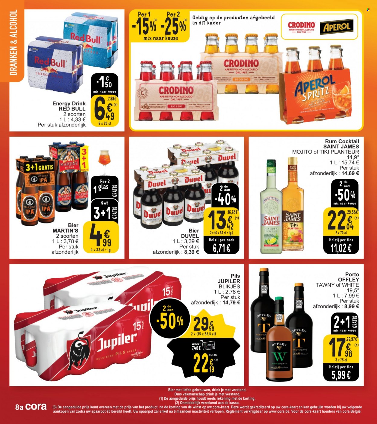 thumbnail - Cora-aanbieding - 28/03/2023 - 03/04/2023 -  producten in de aanbieding - Duvel, Jupiler, bier, Red Bull, energy drink, rum, porto, glazen, LG. Pagina 8.