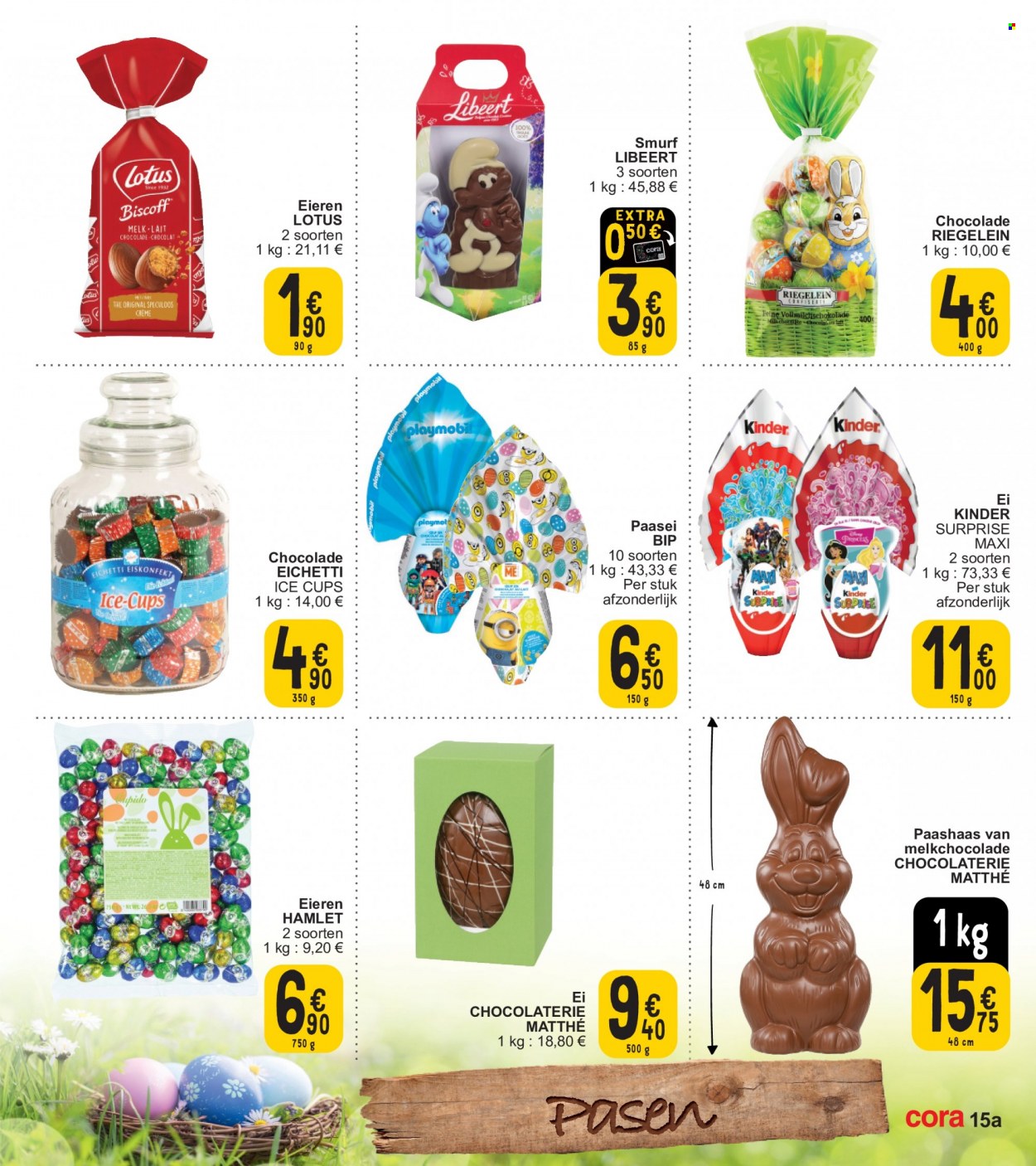thumbnail - Cora-aanbieding - 28/03/2023 - 03/04/2023 -  producten in de aanbieding - crème, ei, Speculoos, chocolade, melkchocolade, Spekulatius, Kinder Surprise, Playmobil. Pagina 15.