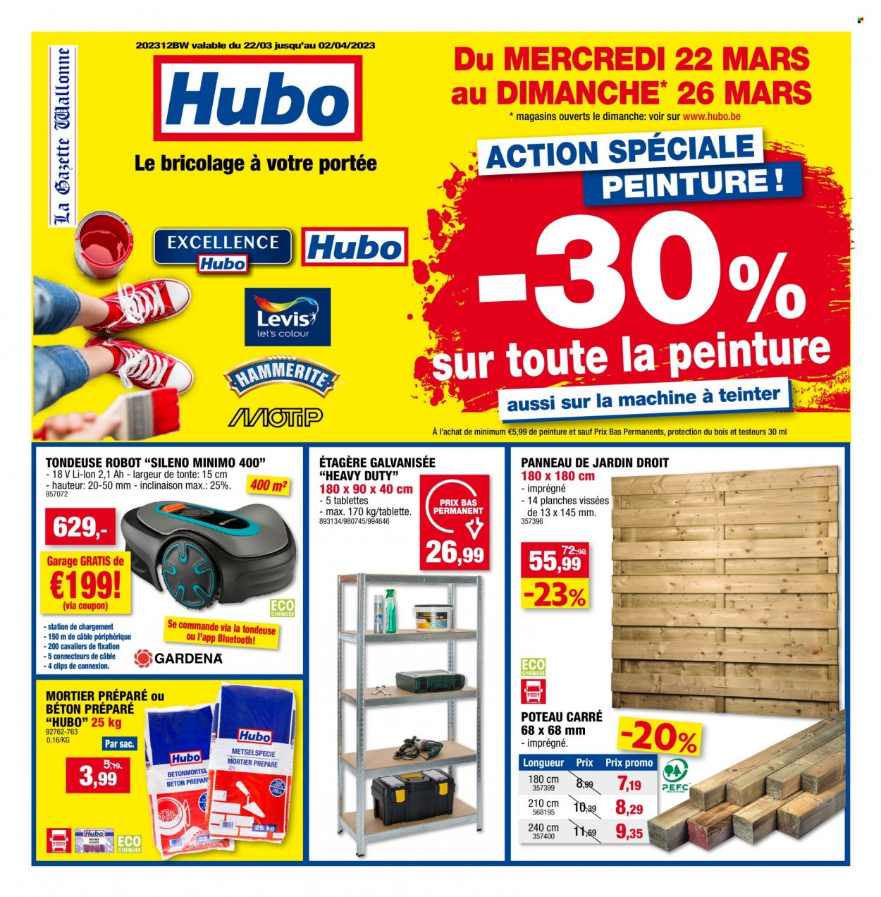 thumbnail - Catalogue Hubo - 22/03/2023 - 02/04/2023 - Produits soldés - tondeuse, robot tondeuse, étagère. Page 1.