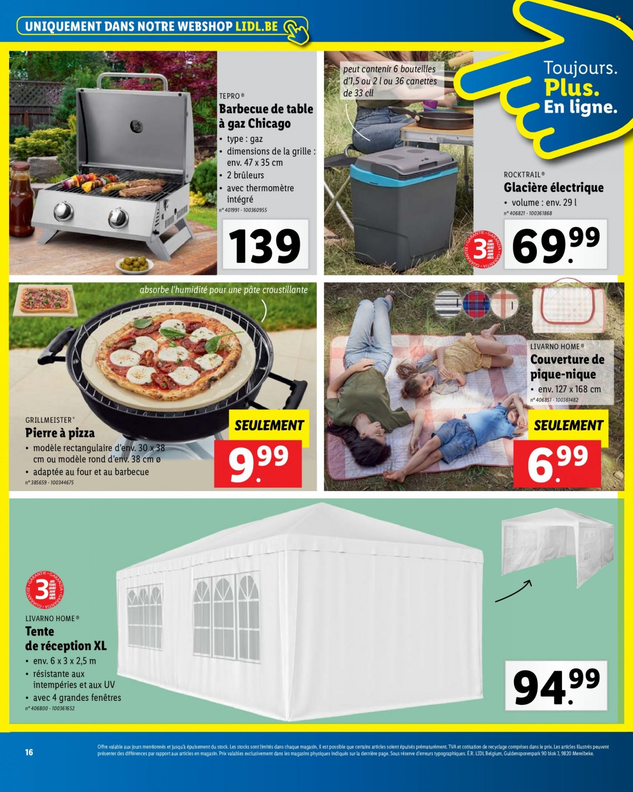 thumbnail - Catalogue Lidl - Produits soldés - pierre à pizza, glacière, plaid, tente, barbecue. Page 16.