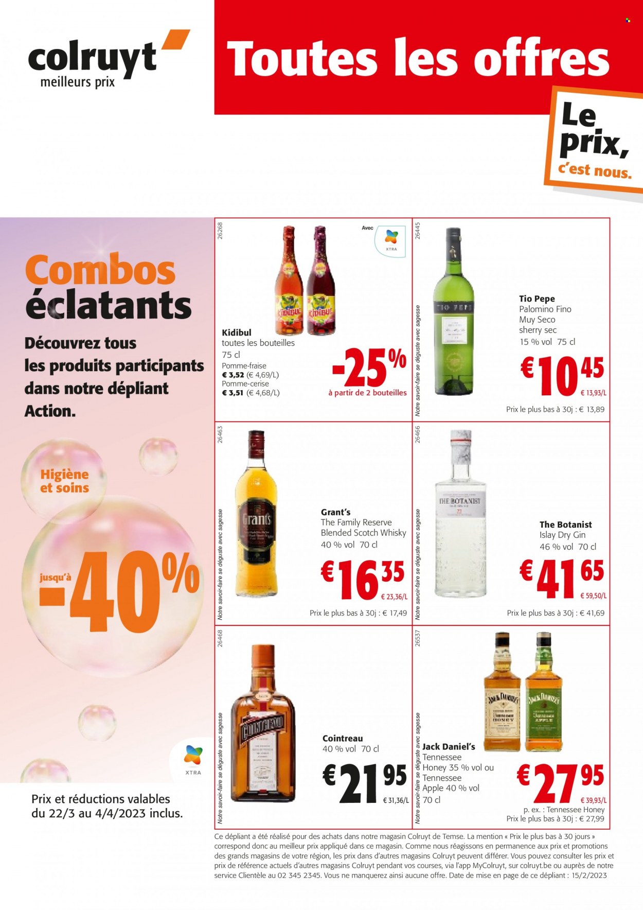 thumbnail - Catalogue Colruyt - 22/03/2023 - 04/04/2023 - Produits soldés - pommes, alcool, Cointreau, gin, whisky, Jack Daniel. Page 1.