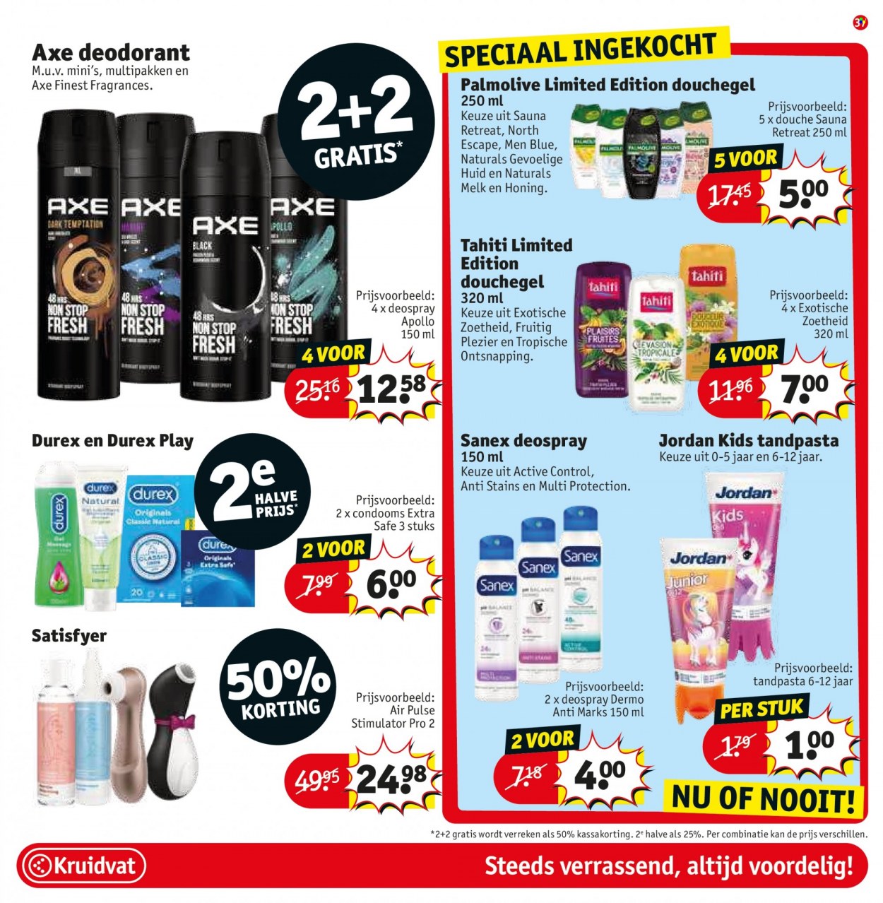 thumbnail - Catalogue Kruidvat - 28/03/2023 - 09/04/2023 - Produits soldés - shampooing, Palmolive, Axe, Tahiti, Sanex, déodorant, desodorisant, Durex. Page 37.