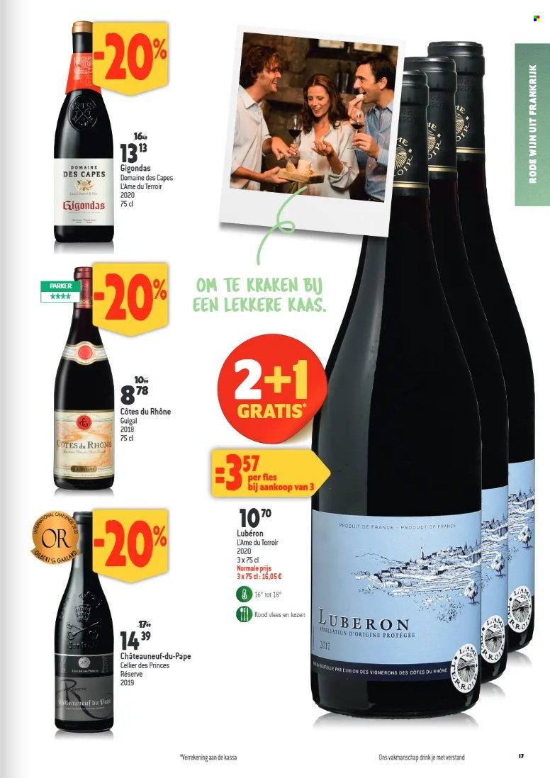 thumbnail - Louis Delhaize-aanbieding - 15/03/2023 - 11/04/2023 -  producten in de aanbieding - kaas, rode wijn, wijn, Côtes du Rhône, Frankrijk. Pagina 17.