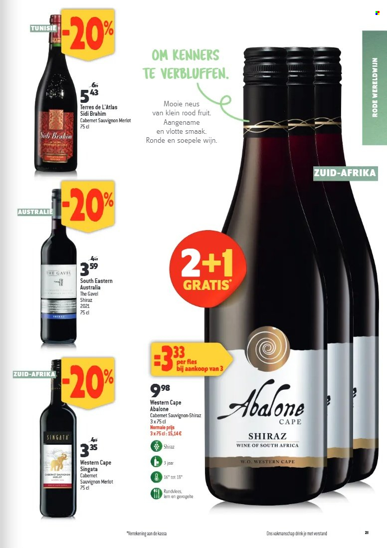thumbnail - Louis Delhaize-aanbieding - 15/03/2023 - 11/04/2023 -  producten in de aanbieding - rode vruchten, rundvlees, Cabernet Sauvignon, Merlot, wijn. Pagina 21.