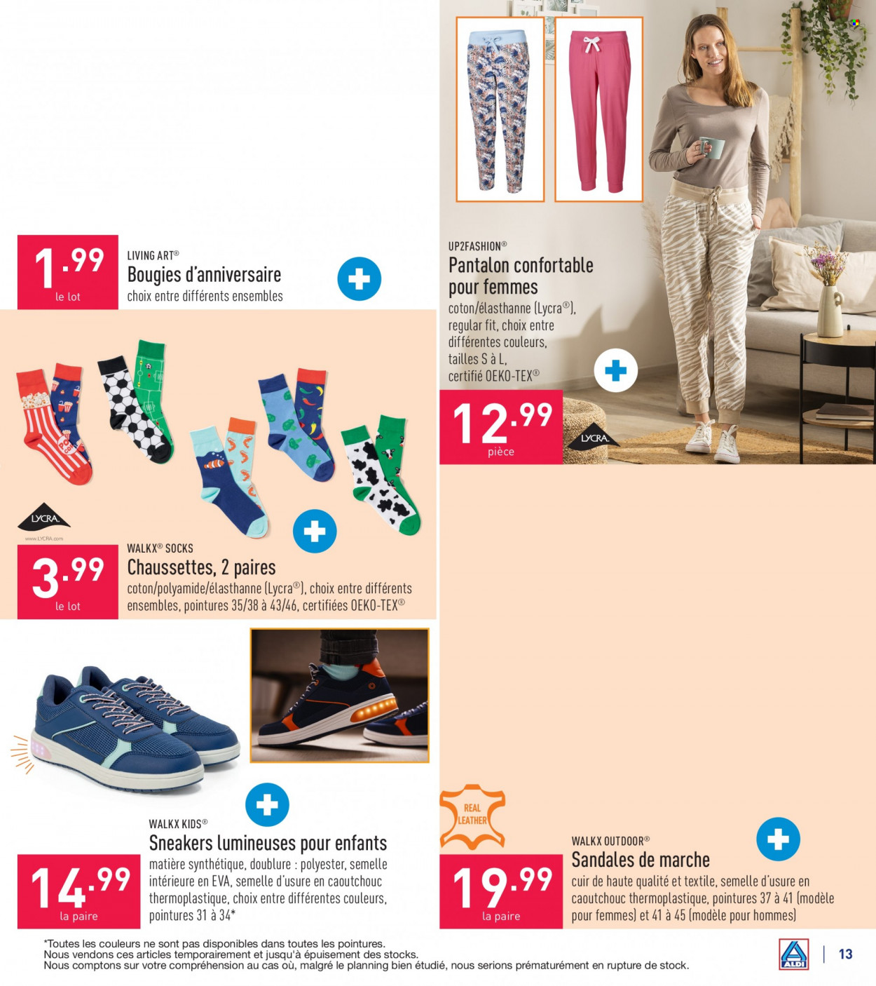 thumbnail - Catalogue ALDI - 03/04/2023 - 14/04/2023 - Produits soldés - Sneakers, sandales, bougie, pantalon, chaussettes. Page 13.
