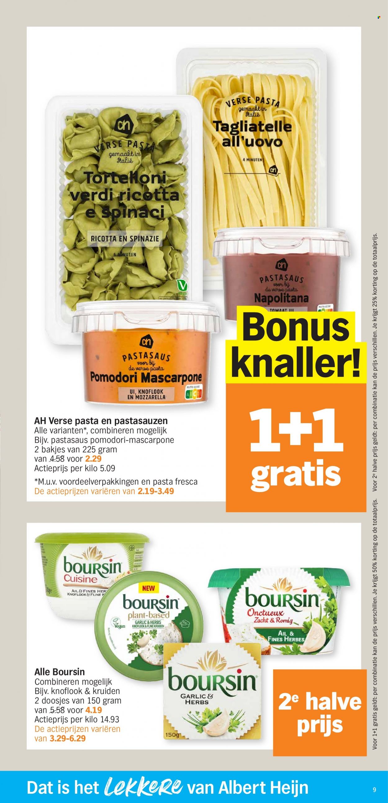thumbnail - Albert Heijn-aanbieding - 27/03/2023 - 02/04/2023 -  producten in de aanbieding - tortelloni, Boursin, Mascarpone, mozzarella, ricotta, pasta, tagliatelle. Pagina 9.