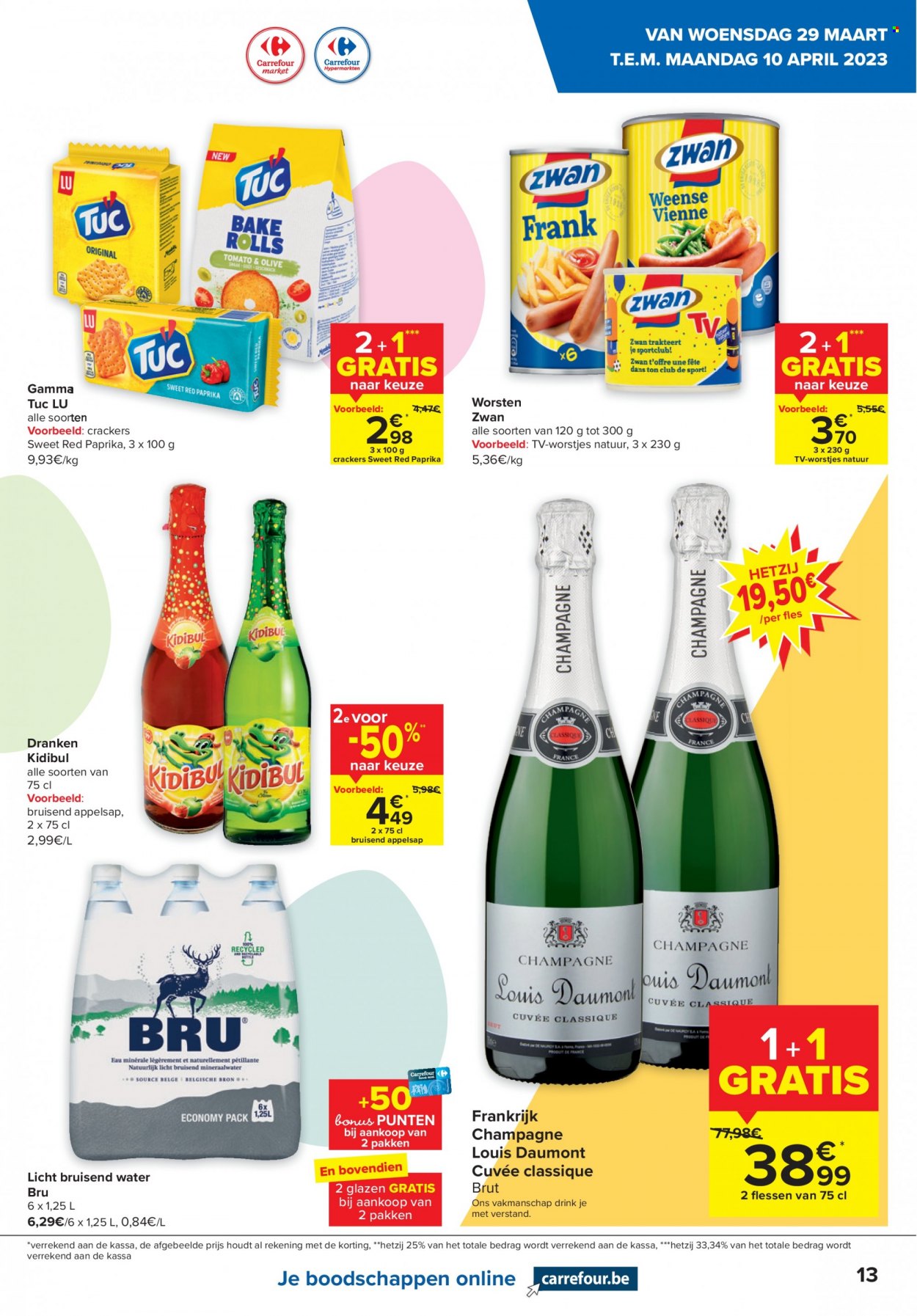 thumbnail - Carrefour-aanbieding - 29/03/2023 - 10/04/2023 -  producten in de aanbieding - Gamma, worstjes, crackers, appelsap, champagne, Frankrijk, glazen, TV. Pagina 13.