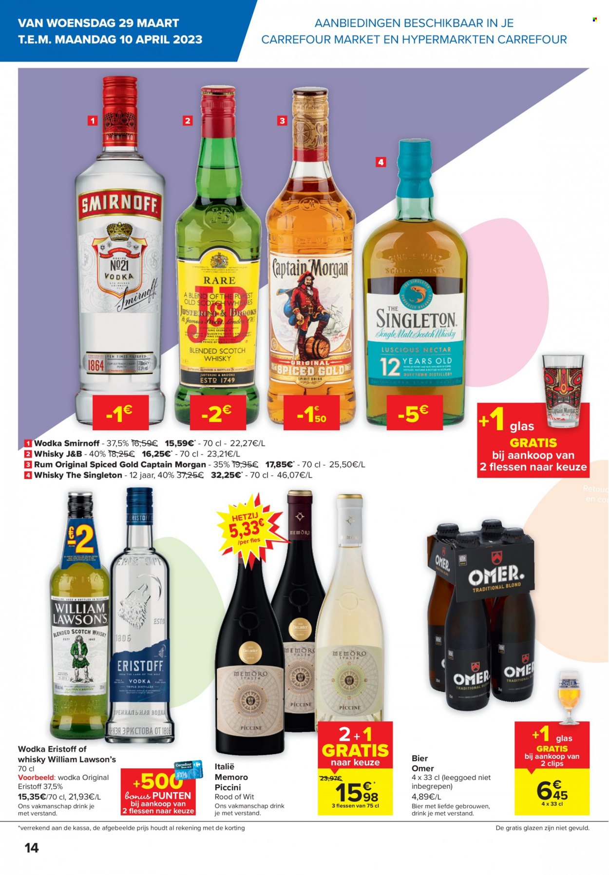 thumbnail - Catalogue Carrefour - 29/03/2023 - 10/04/2023 - Produits soldés - alcool, Captain Morgan, vodka, whisky, J&B, William Lawson's, Smirnoff. Page 14.