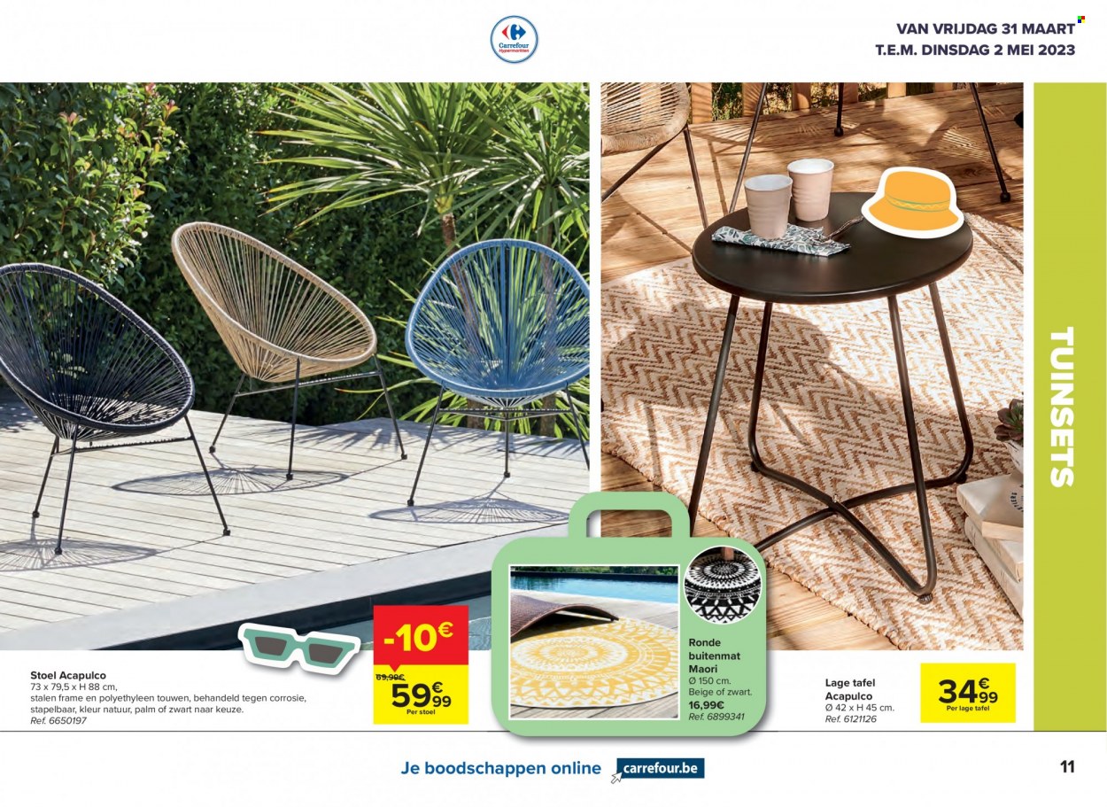 thumbnail - Carrefour hypermarkt-aanbieding - 31/03/2023 - 02/05/2023 -  producten in de aanbieding - tafel, stoel. Pagina 11.