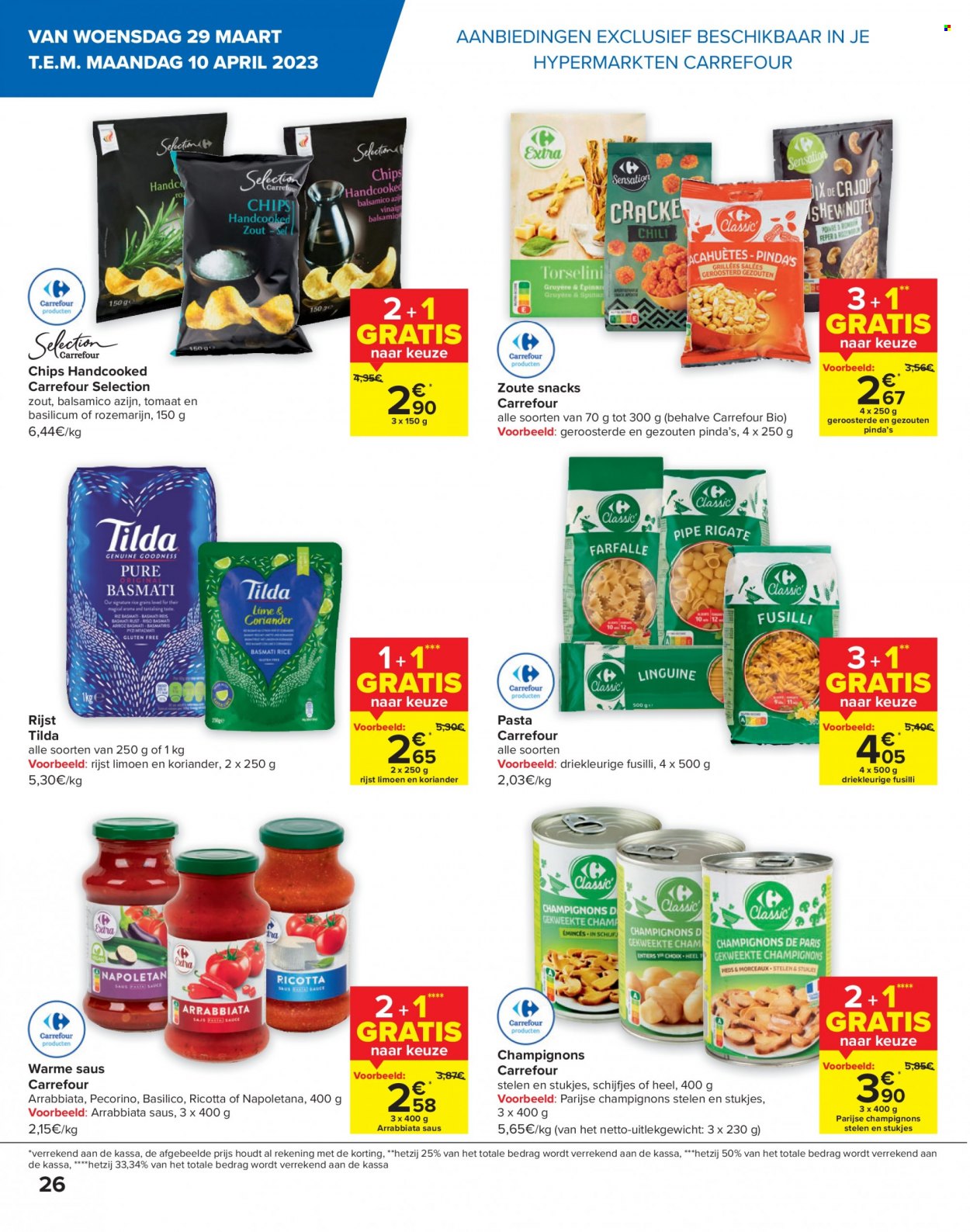 thumbnail - Carrefour hypermarkt-aanbieding - 29/03/2023 - 10/04/2023 -  producten in de aanbieding - champignons, limoen, Pecorino, ricotta, pinda's, chips, pasta, rijst, fusilli, koriander, azijn, balsamico. Pagina 26.