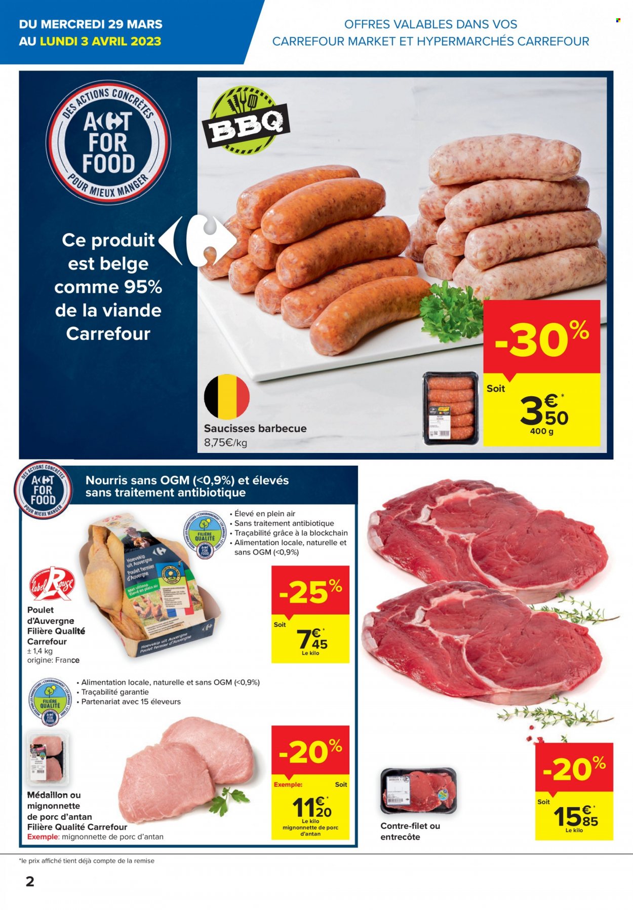 thumbnail - Catalogue Carrefour - 29/03/2023 - 10/04/2023 - Produits soldés - viande, poulet, entrecôte, saucisse. Page 2.