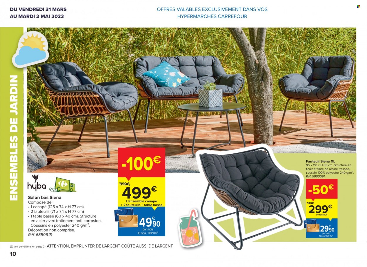 thumbnail - Catalogue Carrefour hypermarkt - 31/03/2023 - 02/05/2023 - Produits soldés - coussin, table, fauteuil. Page 10.