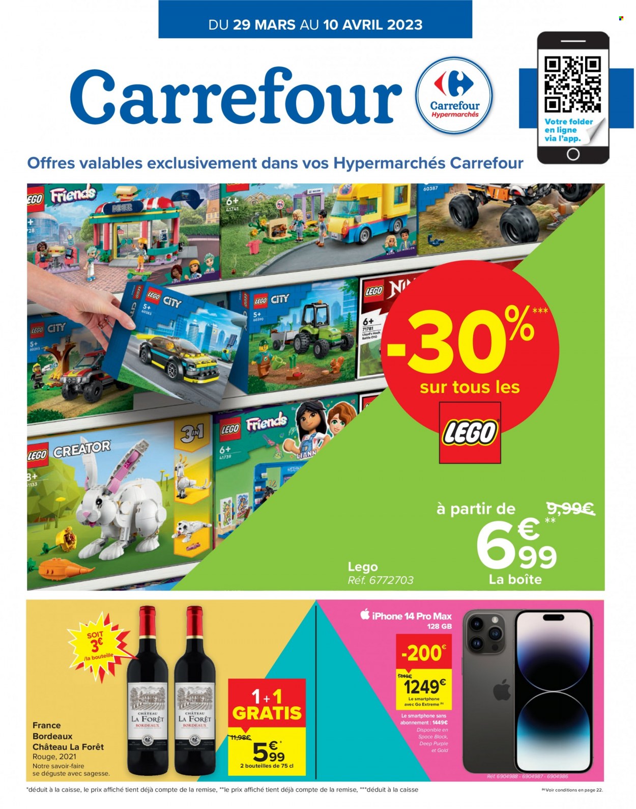 thumbnail - Carrefour hypermarkt-aanbieding - 29/03/2023 - 10/04/2023 -  producten in de aanbieding - Bordeaux, smartphone, iPhone, LEGO, LEGO City, LEGO Creator, LEGO Friends. Pagina 1.