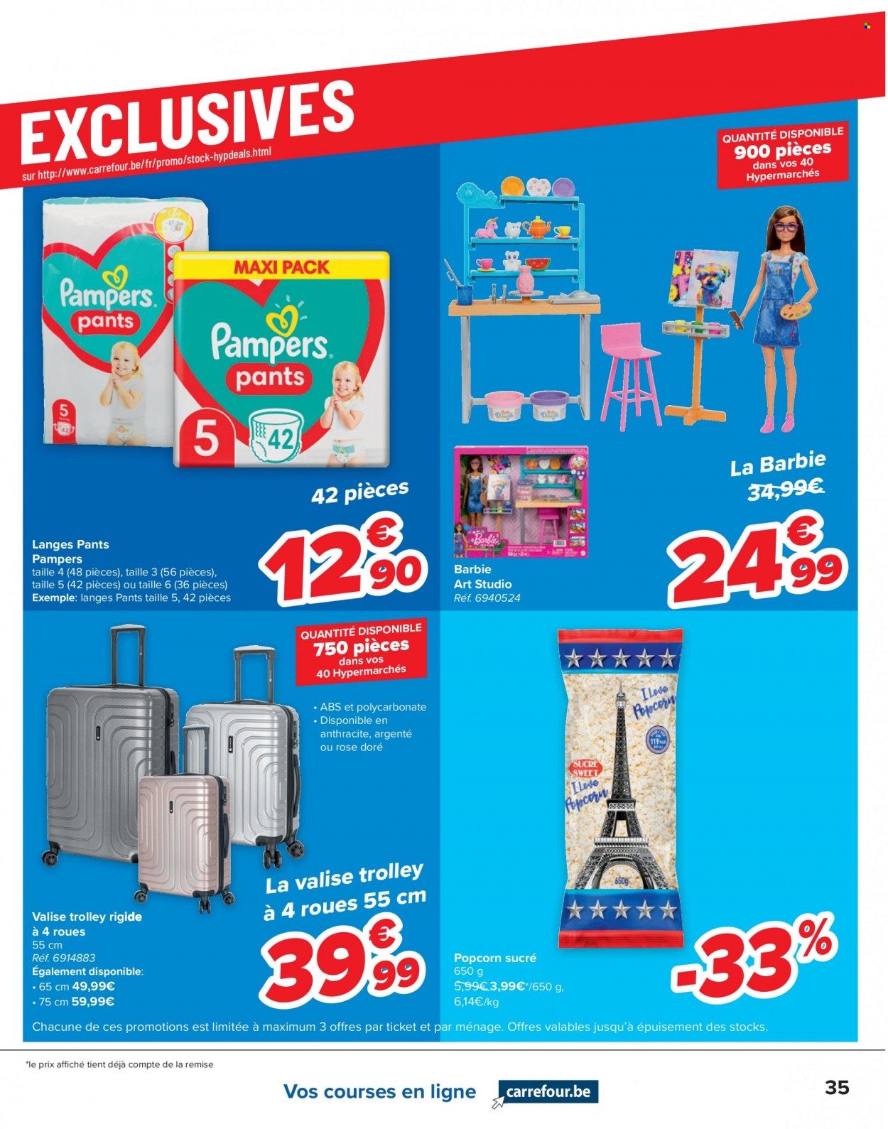 thumbnail - Catalogue Carrefour hypermarkt - 29/03/2023 - 10/04/2023 - Produits soldés - popcorn, sucre, Pampers, trolley, Barbie. Page 35.