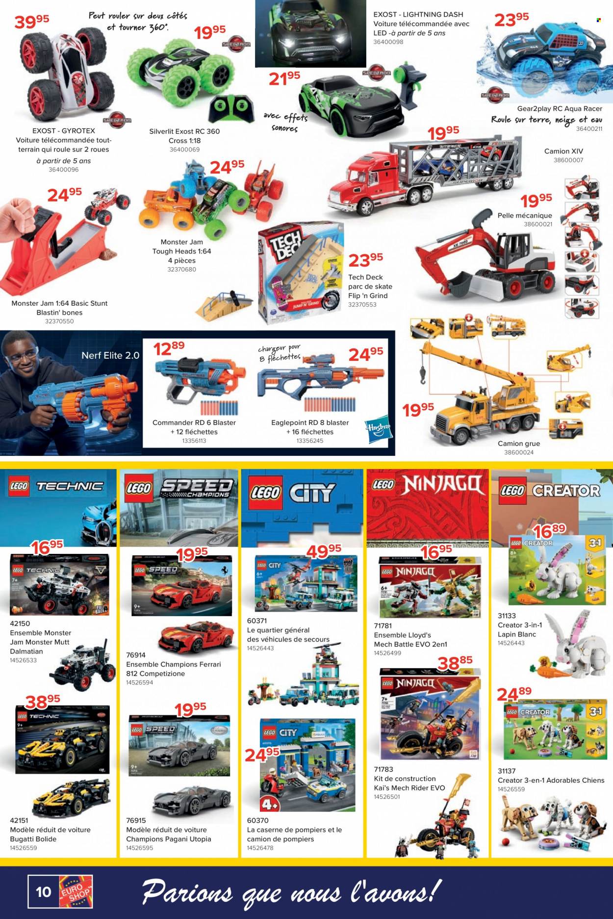 thumbnail - Catalogue Euro Shop - 27/03/2023 - 16/04/2023 - Produits soldés - pelle, camion, camion de pompiers, grue, voiture télécommandée, LEGO Technic, rider, Nerf, Lego. Page 10.