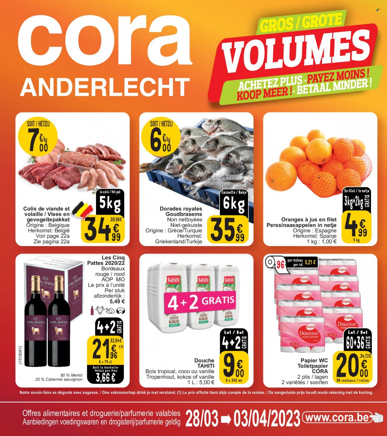 thumbnail - Cora-aanbieding - 28/03/2023 - 03/04/2023 -  producten in de aanbieding - perssinaasappelen, Cabernet Sauvignon, Merlot, Bordeaux. Pagina 1.
