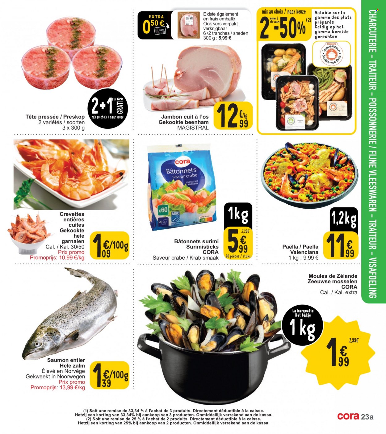 thumbnail - Catalogue Cora - 28/03/2023 - 03/04/2023 - Produits soldés - saumon, crevettes, surimi, moules, paella, jambon. Page 23.