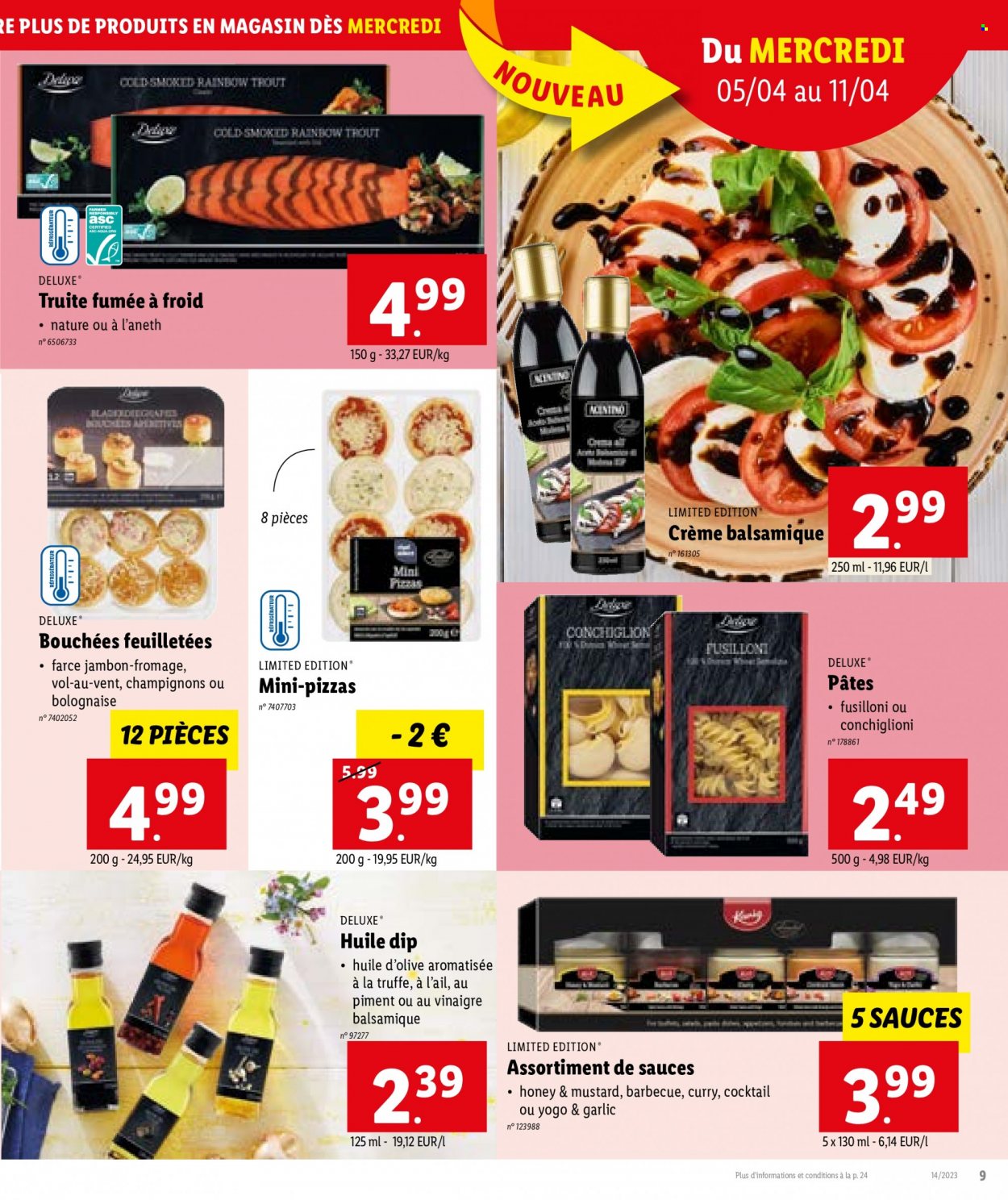 thumbnail - Catalogue Lidl - 05/04/2023 - 11/04/2023 - Produits soldés - bouchées, champignon, truite, truite fumée, fromage, pâtes, curry, huile, huile d'olive, barbecue, pizza. Page 9.