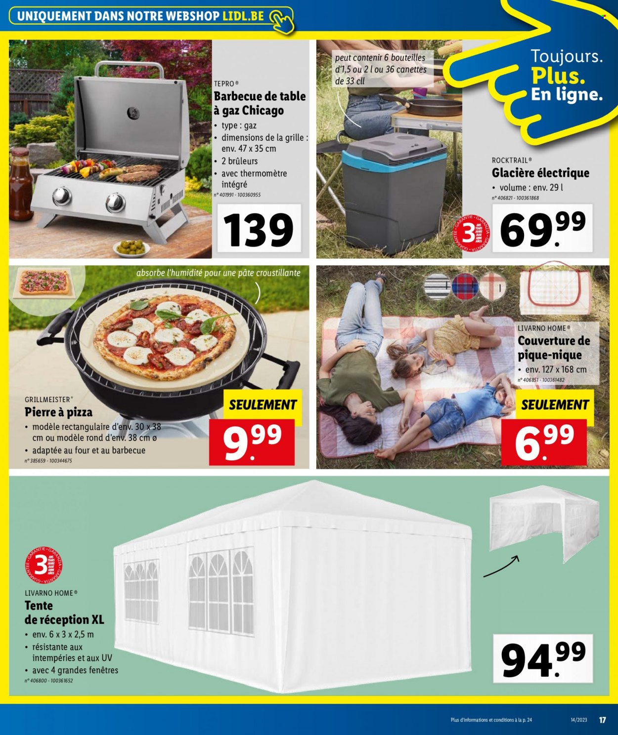 thumbnail - Catalogue Lidl - 05/04/2023 - 11/04/2023 - Produits soldés - pierre à pizza, glacière, plaid, tente, barbecue. Page 17.