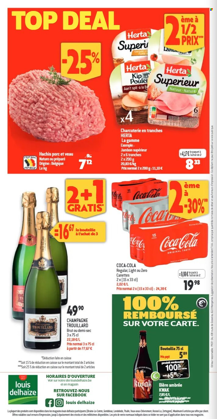 thumbnail - Catalogue Louis Delhaize - 29/03/2023 - 04/04/2023 - Produits soldés - Herta, jambon, Comté, Coca-Cola, champagne, alcool, bière, Kwak. Page 4.