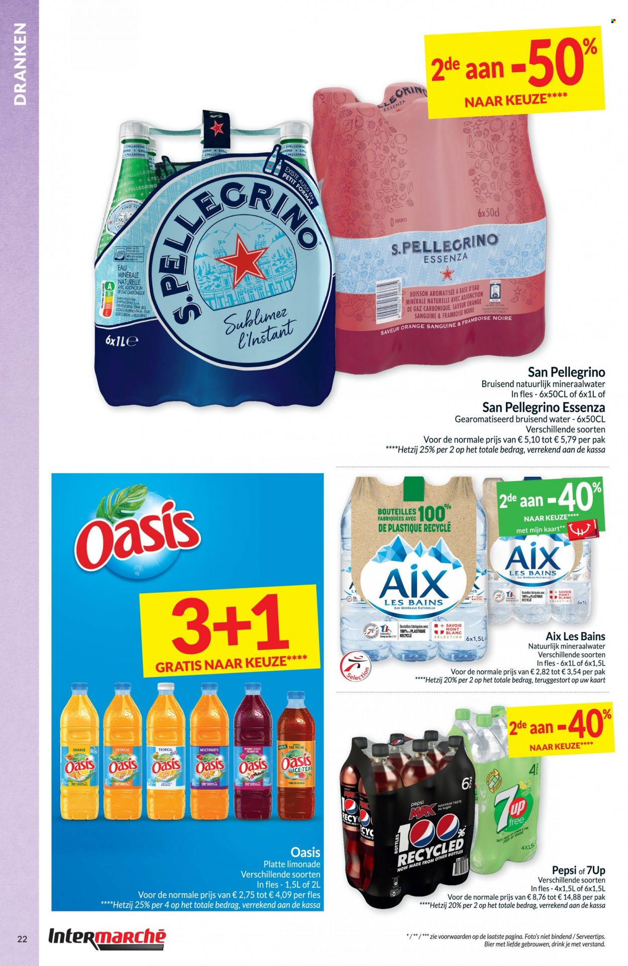 thumbnail - Catalogue Intermarché - 04/04/2023 - 10/04/2023 - Produits soldés - pommes, Oasis, 7up, Pepsi, limonade, thé glacé, eau minérale naturelle, Mont Blanc, San Pellegrino, pelle. Page 22.