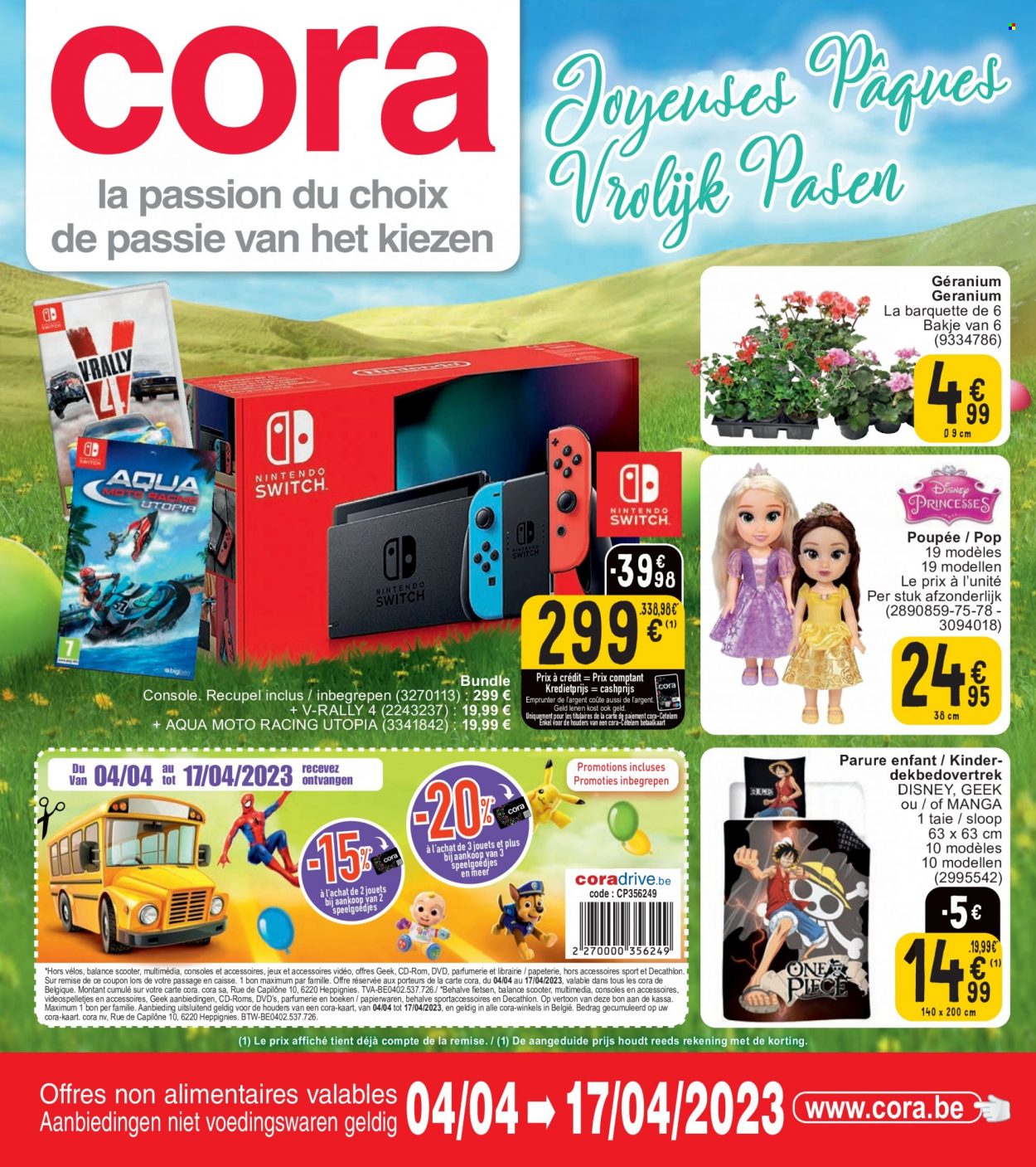 thumbnail - Catalogue Cora - 04/04/2023 - 17/04/2023 - Produits soldés - Disney, taie, console, poupée, moto. Page 1.