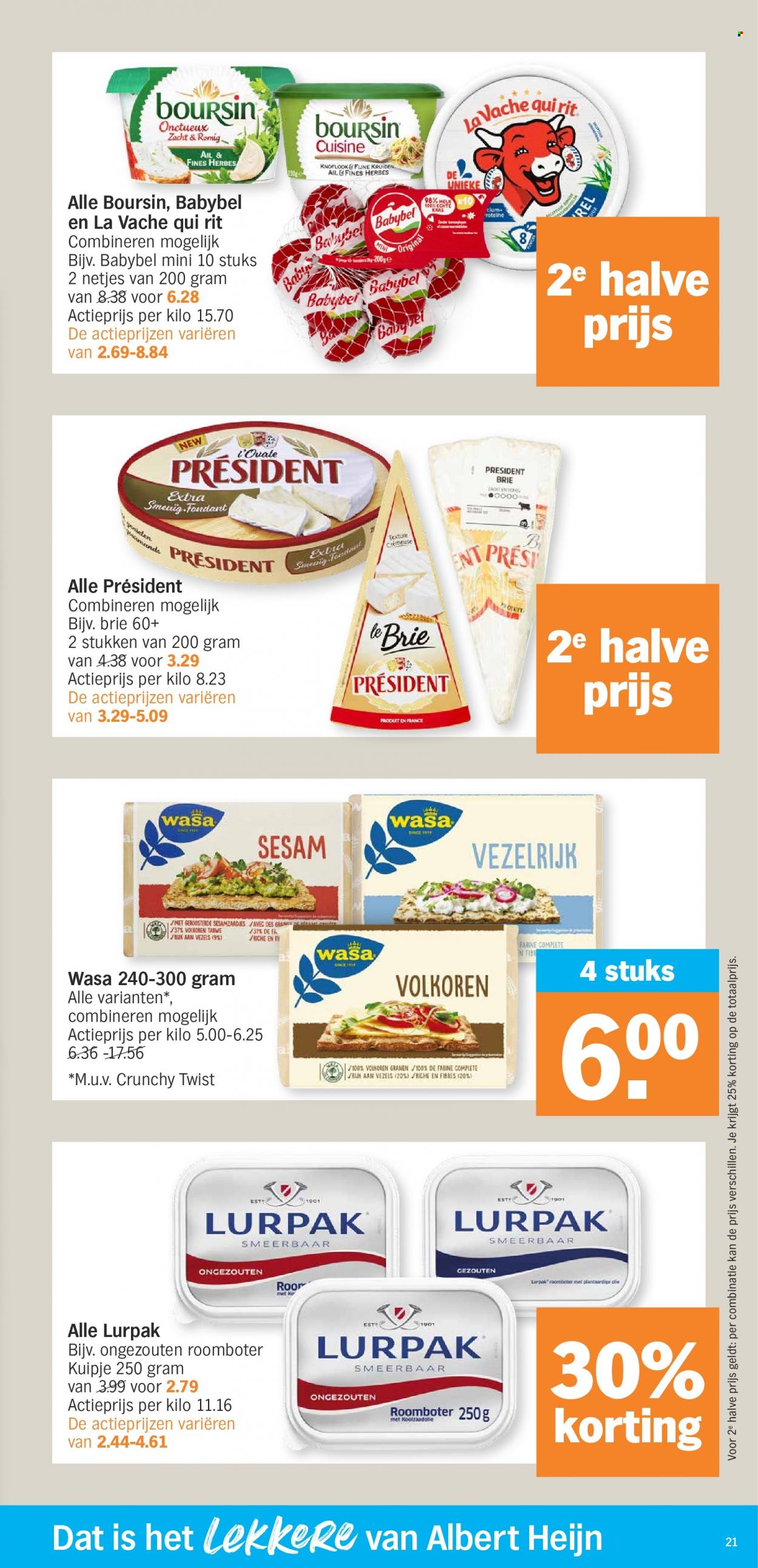 thumbnail - Albert Heijn-aanbieding - 22/05/2023 - 29/05/2023 -  producten in de aanbieding - Wasa, kaas, La Vache Qui Rit, Babybel, Boursin, Brie, roomboter, Fa. Pagina 21.