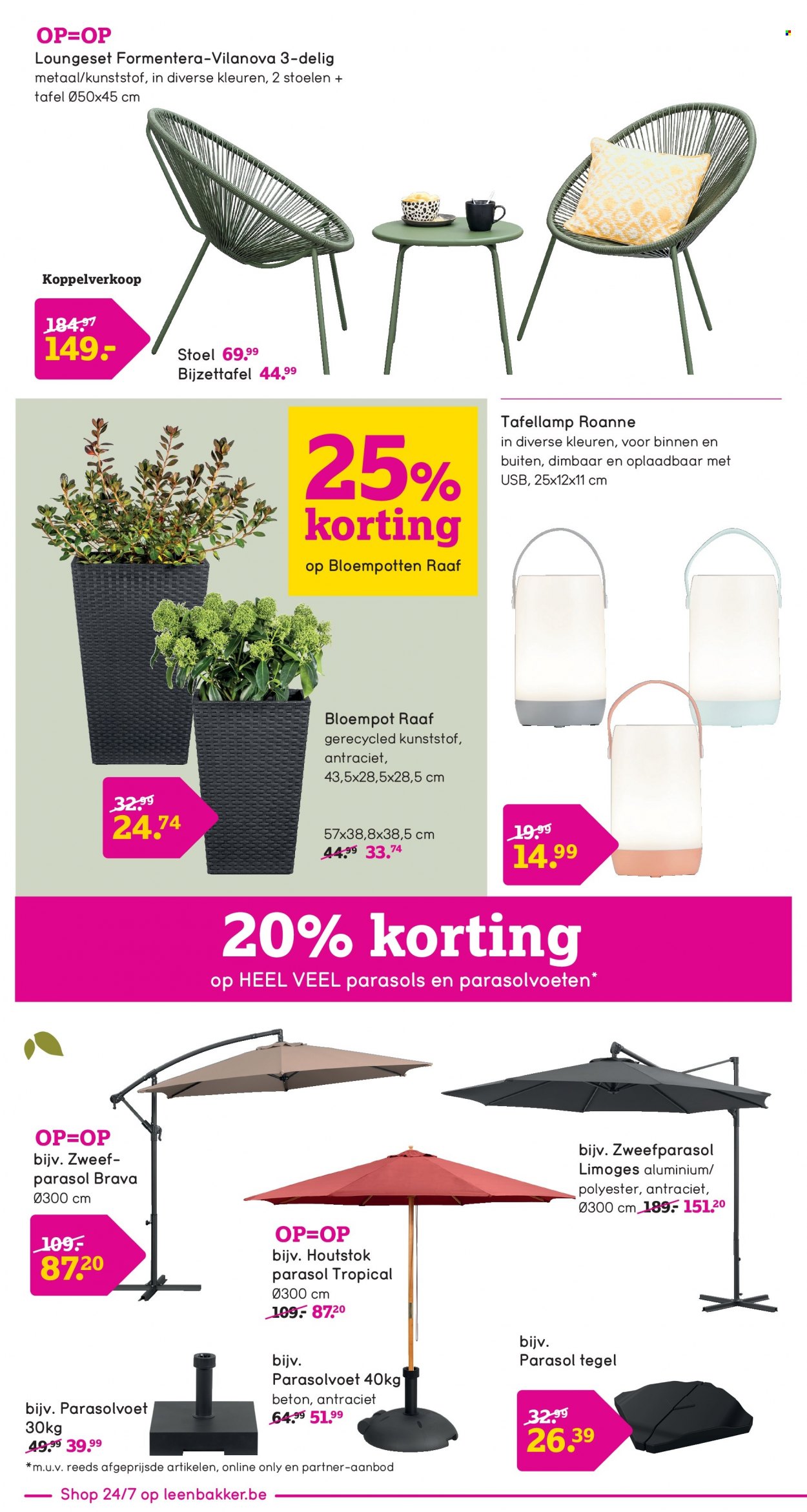 thumbnail - Leen Bakker-aanbieding - 22/05/2023 - 30/06/2023 -  producten in de aanbieding - bijzettafel, tafel, stoel, loungeset, parasol, bloempot. Pagina 8.