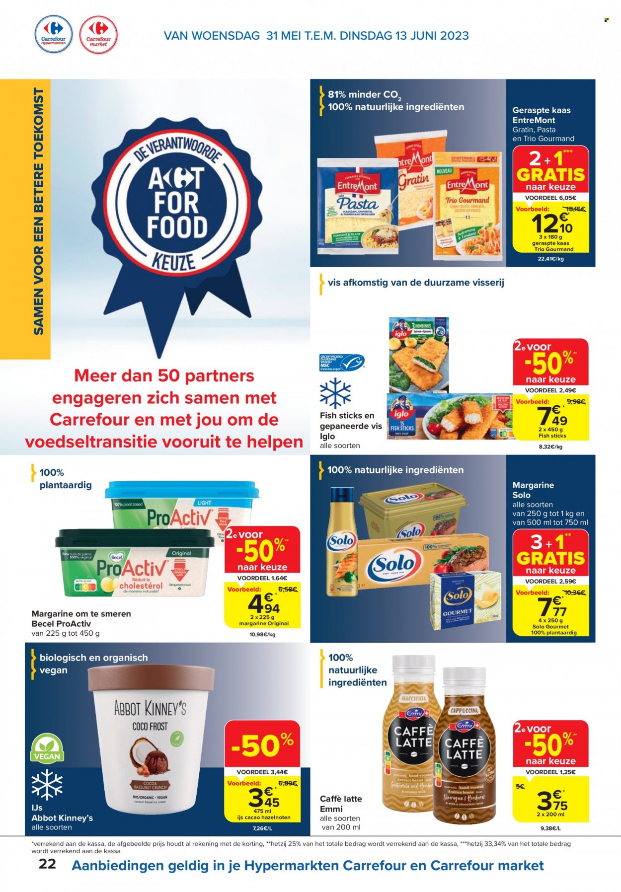 thumbnail - Carrefour-aanbieding - 31/05/2023 - 13/06/2023 -  producten in de aanbieding - Veggie, kaas, geraspte kaas, Ijs, Iglo, pasta, hazelnoten. Pagina 22.