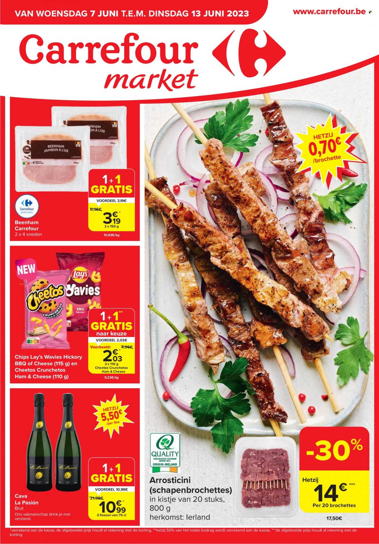 thumbnail - Carrefour market-aanbieding - 07/06/2023 - 13/06/2023 -  producten in de aanbieding - beenham, ham, cheetos, chips, BBQ, Cava. Pagina 1.