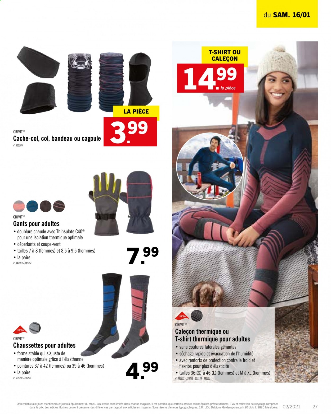 thumbnail - Catalogue Lidl - 11/01/2021 - 16/01/2021 - Produits soldés - t-shirt, chaussettes, gants, bandeau. Page 29.