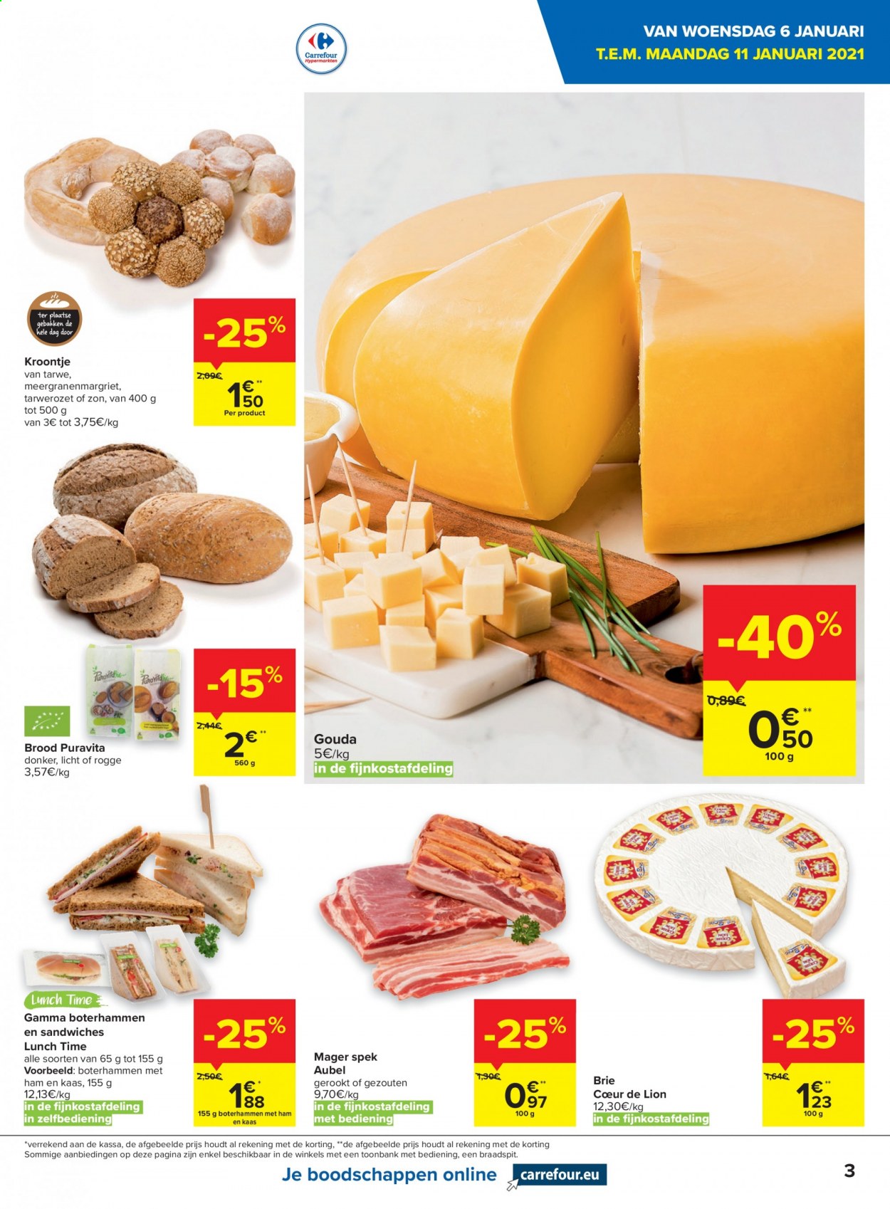 thumbnail - Carrefour hypermarkt-aanbieding - 06/01/2021 - 18/01/2021 -  producten in de aanbieding - boterhammen, ham, kaas, brood, gouda, Gamma, Brie. Pagina 3.