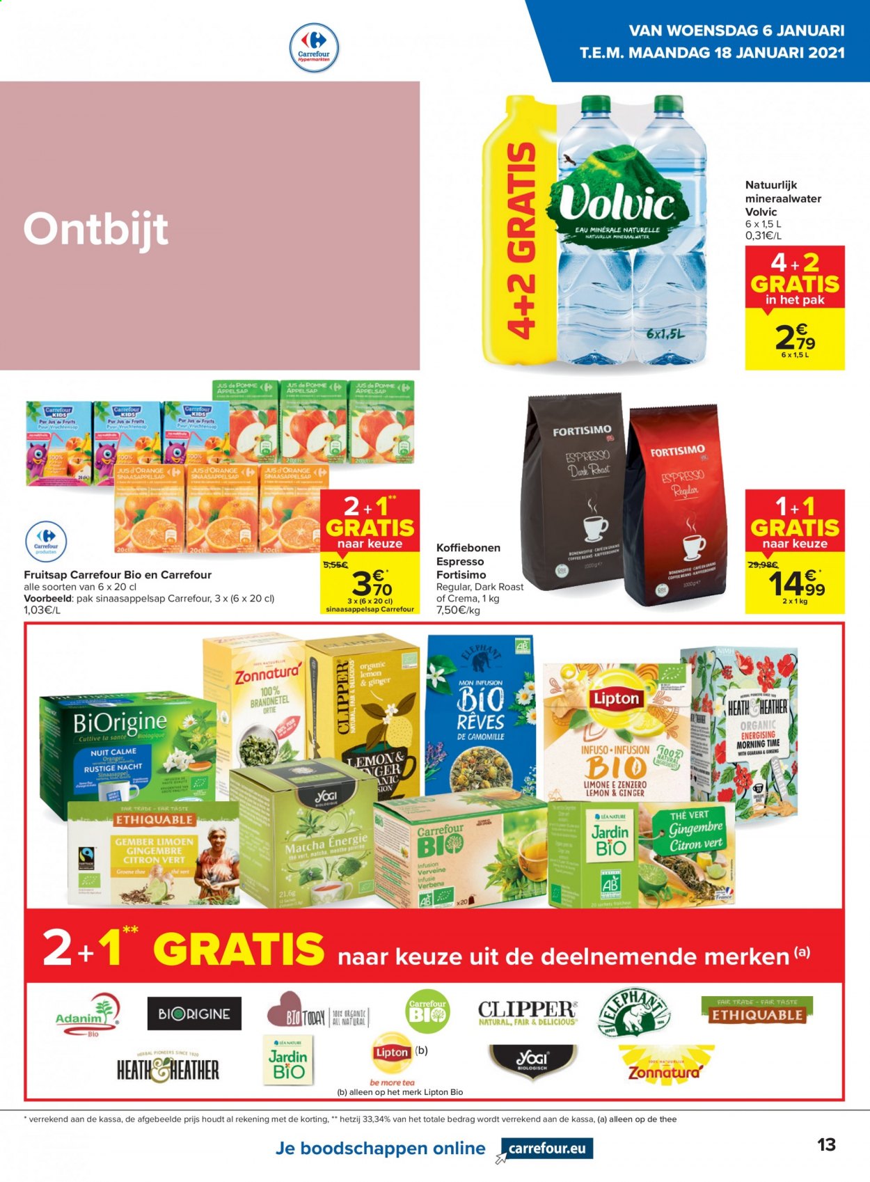 thumbnail - Carrefour hypermarkt-aanbieding - 06/01/2021 - 18/01/2021 -  producten in de aanbieding - mineraalwater, sinaasappelsap, Espresso, Lipton. Pagina 13.