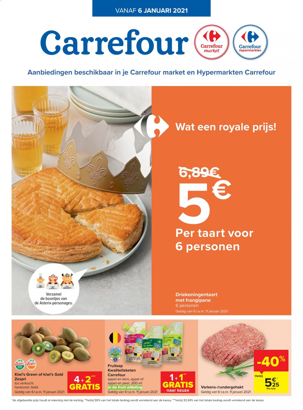 thumbnail - Carrefour-aanbieding - 06/01/2021 - 11/01/2021 -  producten in de aanbieding - appels, peer, rundergehakt, kiwi, frangipane. Pagina 1.