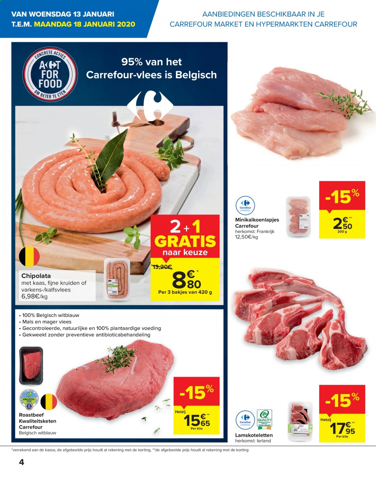 thumbnail - Carrefour-aanbieding - 13/01/2021 - 25/01/2021 -  producten in de aanbieding - chipolataworstjes, kaas, roastbeef. Pagina 4.