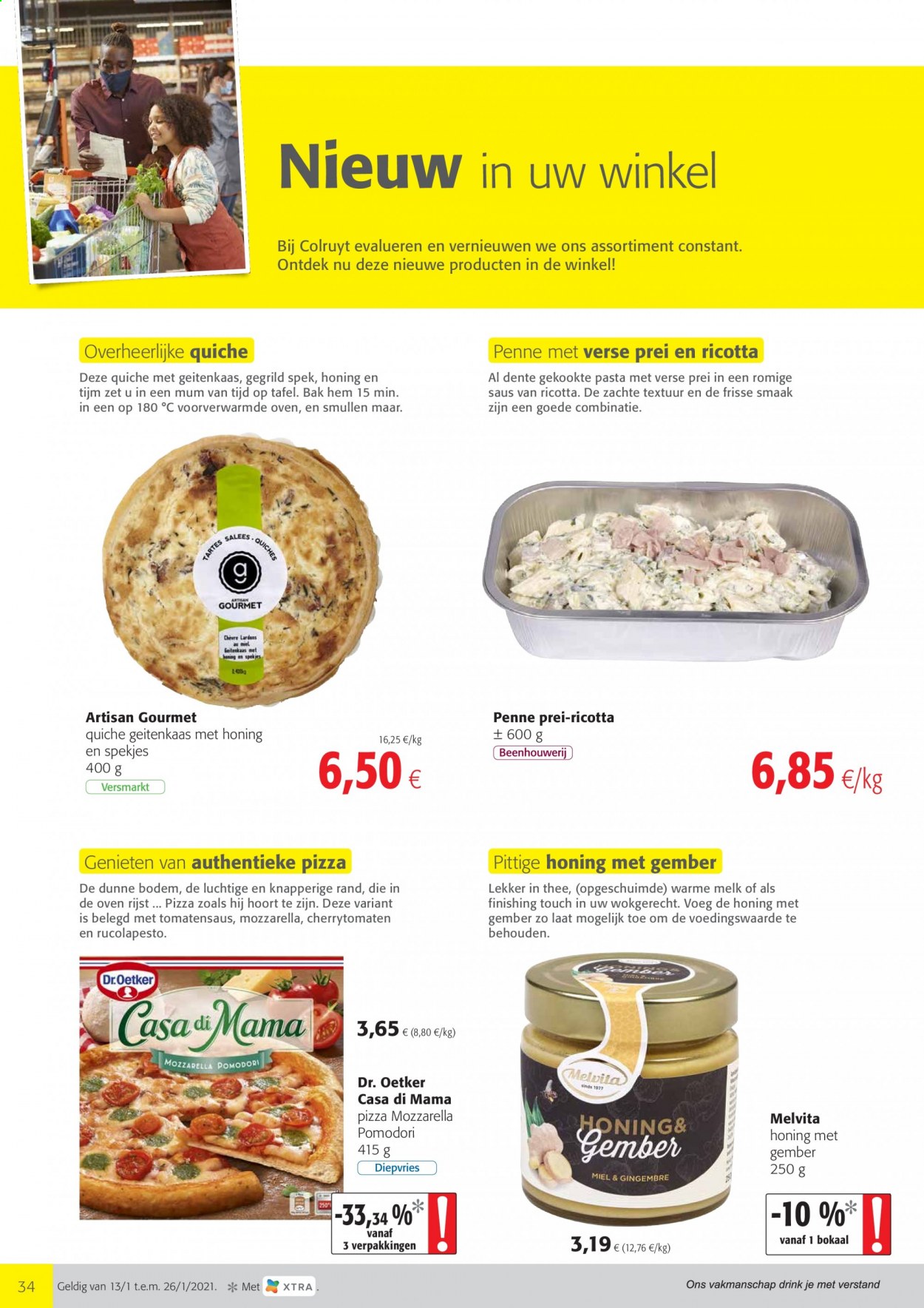 thumbnail - Colruyt-aanbieding - 13/01/2021 - 26/01/2021 -  producten in de aanbieding - Dr. Oetker, cherrytomaten, melk, pasta, penne, rijst, prei, tijm, tomatensaus, gember, mozzarella, ricotta, pizza. Pagina 1.