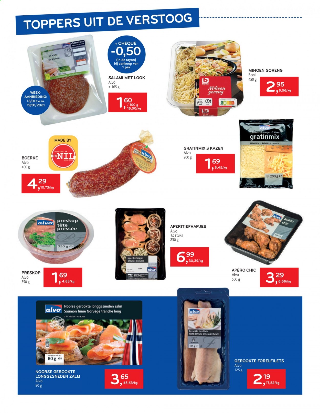 thumbnail - Alvo-aanbieding - 13/01/2021 - 26/01/2021 -  producten in de aanbieding - aperitiefhapjes, mihoen goreng, salami, zalm, gouda, Emmental. Pagina 11.
