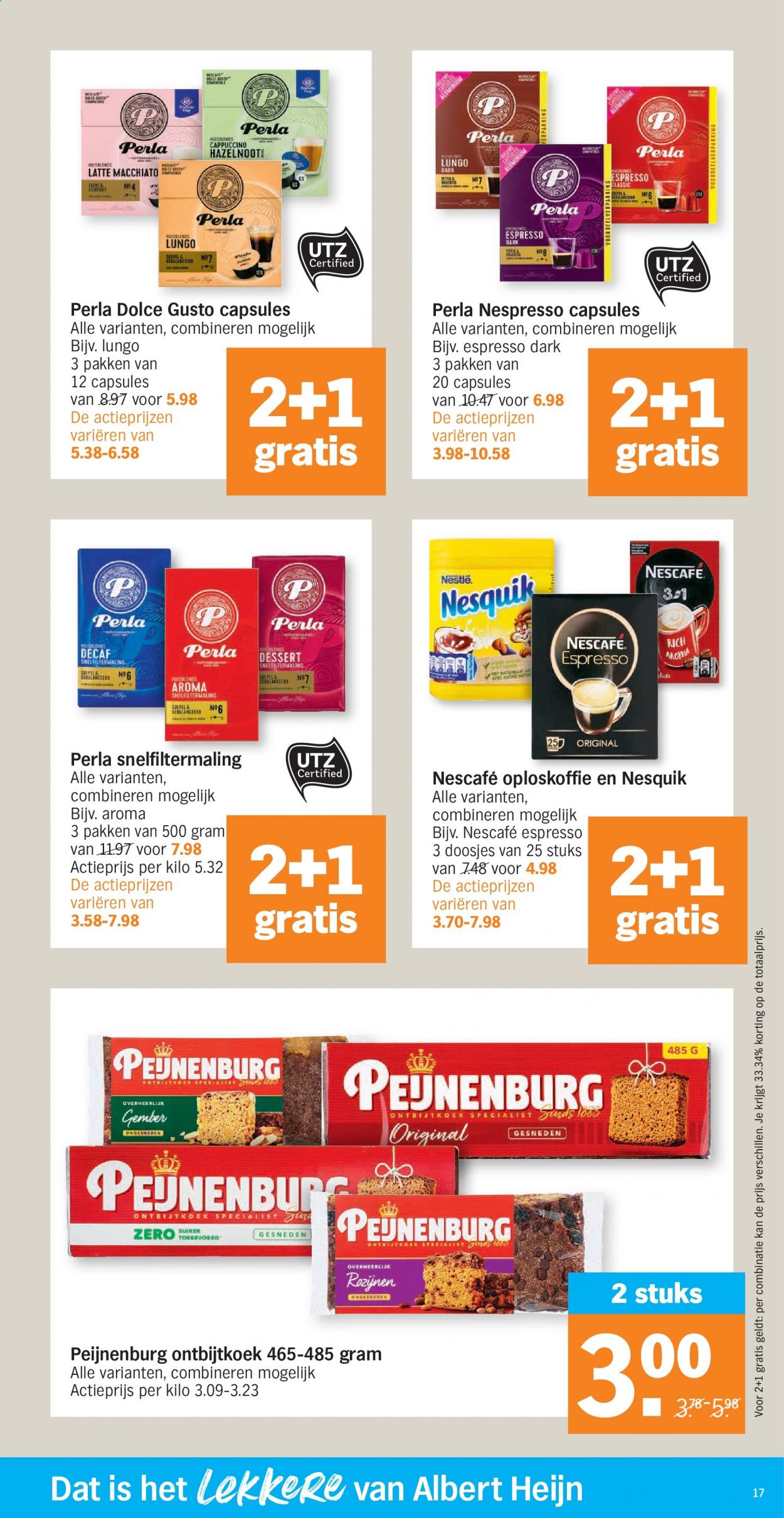 thumbnail - Albert Heijn-aanbieding - 18/01/2021 - 24/01/2021 -  producten in de aanbieding - Dolce Gusto, Peijnenburg, Nespresso, ontbijtkoek, oploskoffie, Espresso. Pagina 17.