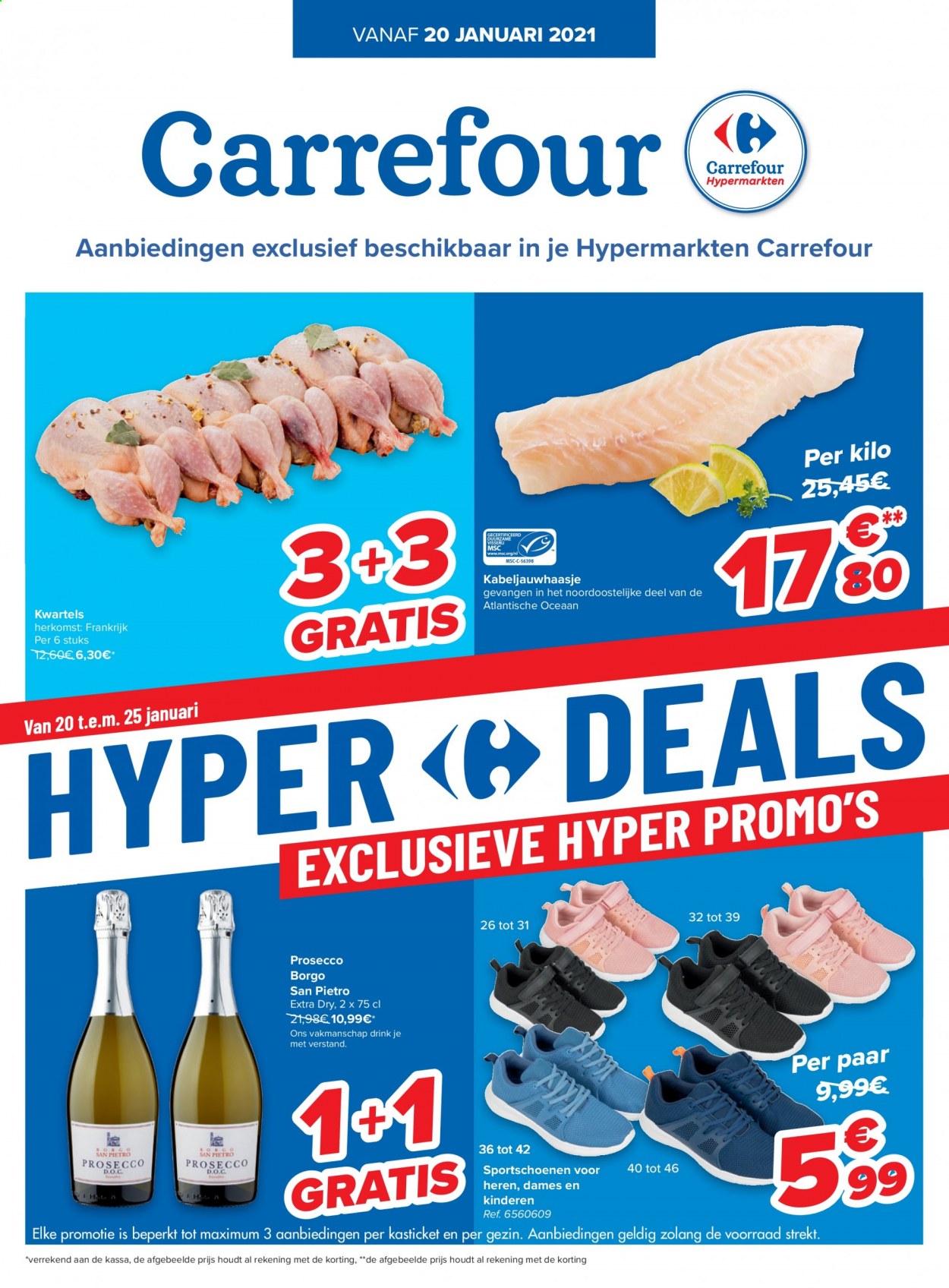 thumbnail - Carrefour hypermarkt-aanbieding -  producten in de aanbieding - sportschoenen, prosecco. Pagina 1.