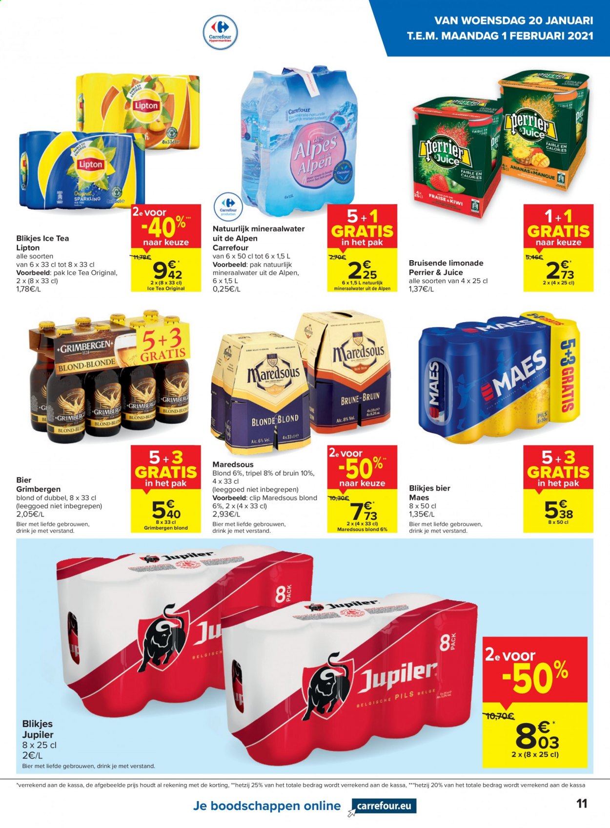 thumbnail - Carrefour hypermarkt-aanbieding -  producten in de aanbieding - ice tea, mineraalwater, thee, Lipton, Jupiler. Pagina 11.